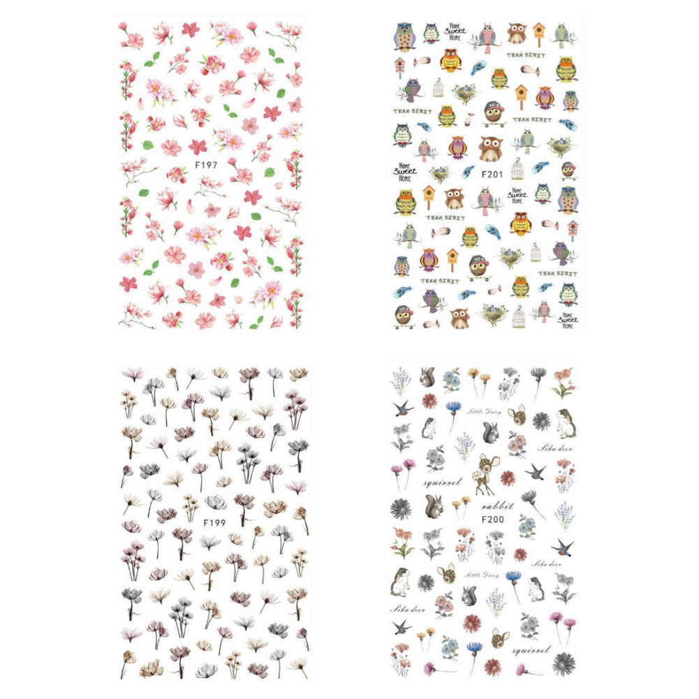 Akoak 4 Sheet/Set Nail Water Decal Stickers Animal And Floral Pattern Transfer Sticker Manicure Nail Art Decoration