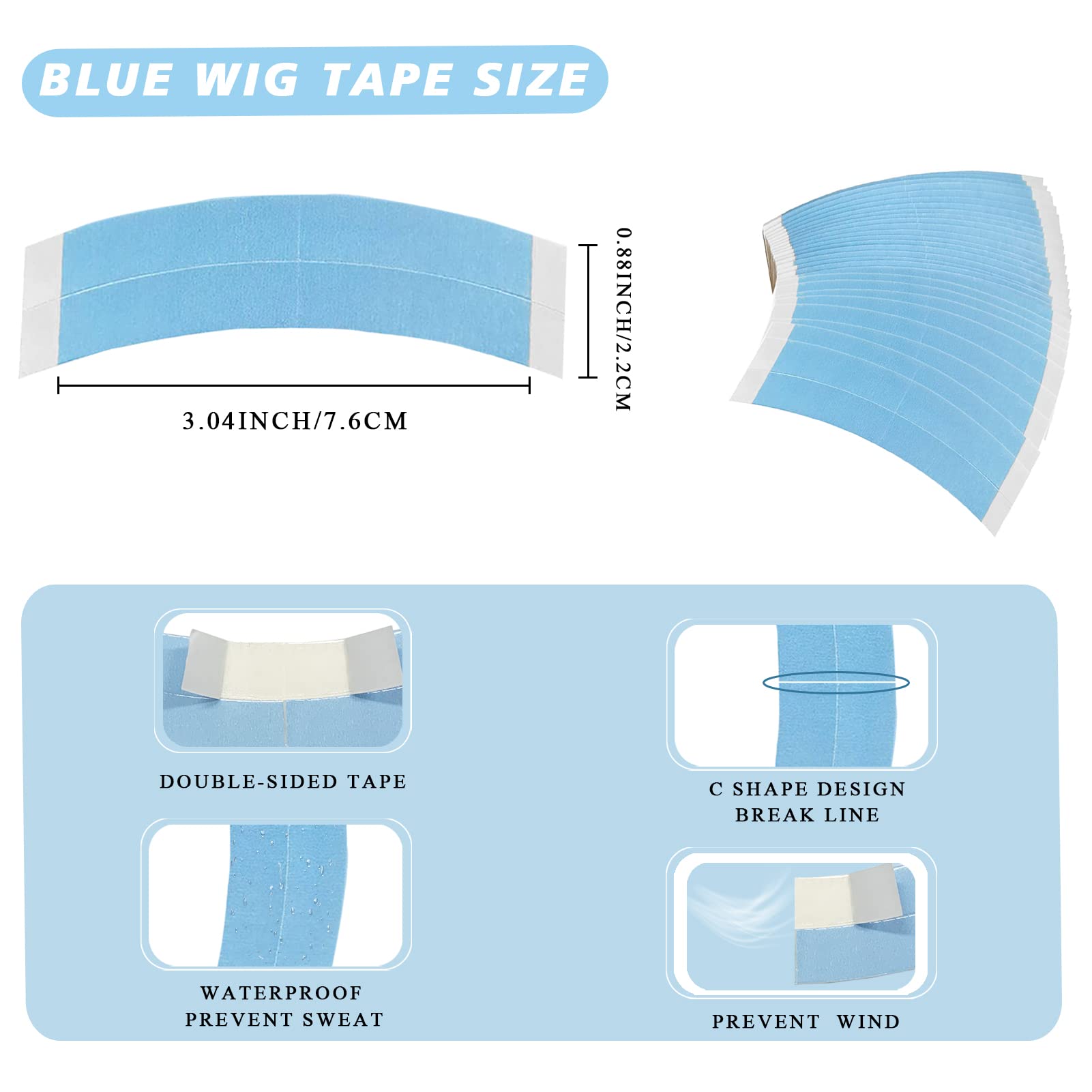Goiple 36pcs Double Sided Wig Tape - Waterproof Adhesive Strips for Lace Wigs, Hairpieces, Extensions - Blue