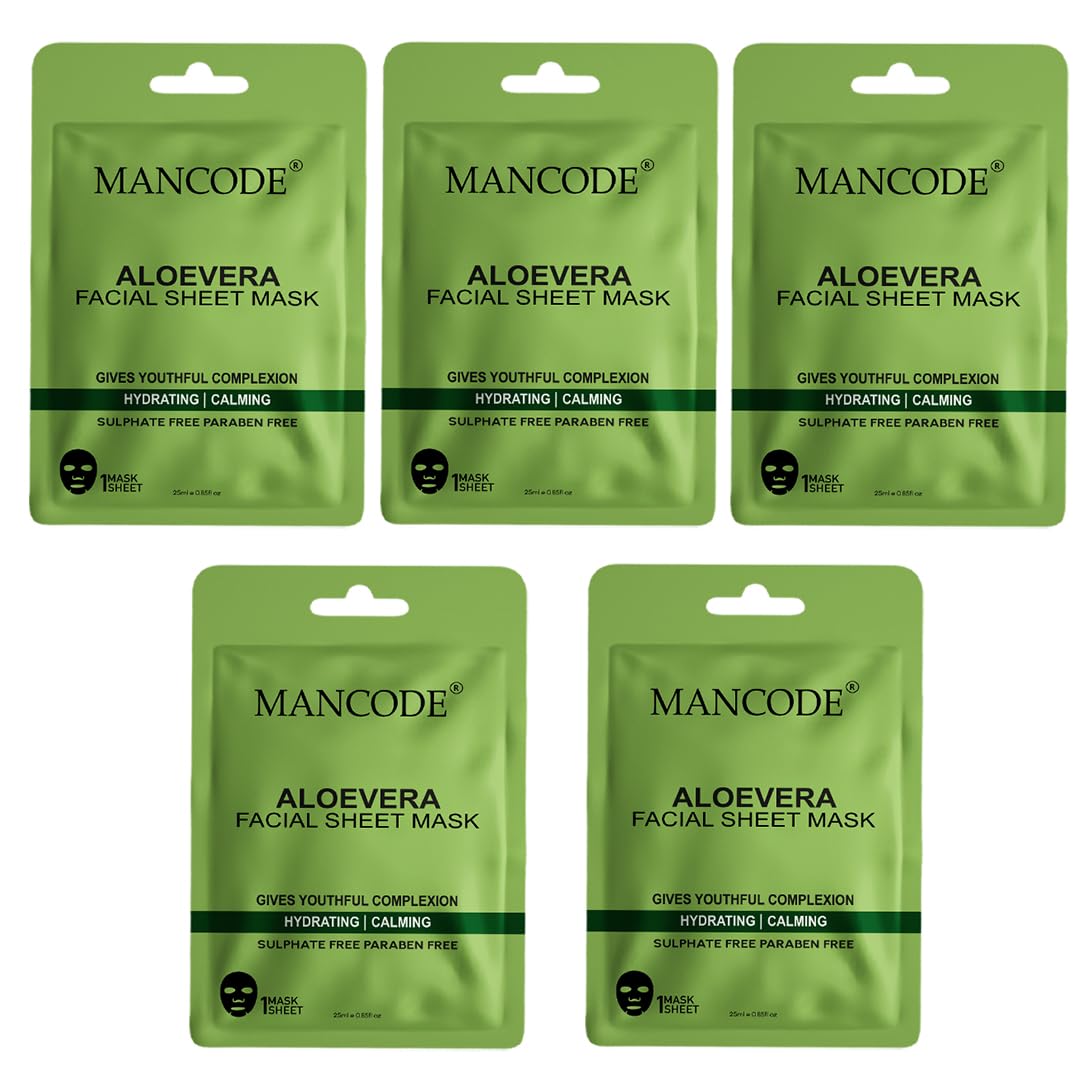 Mancode Aloevera Facial Sheet Mask 25Ml Hyaluronic Acid & Aloe Vera Unclog Pores Revitalizes Skin Brightening & Enhances Glow Ko