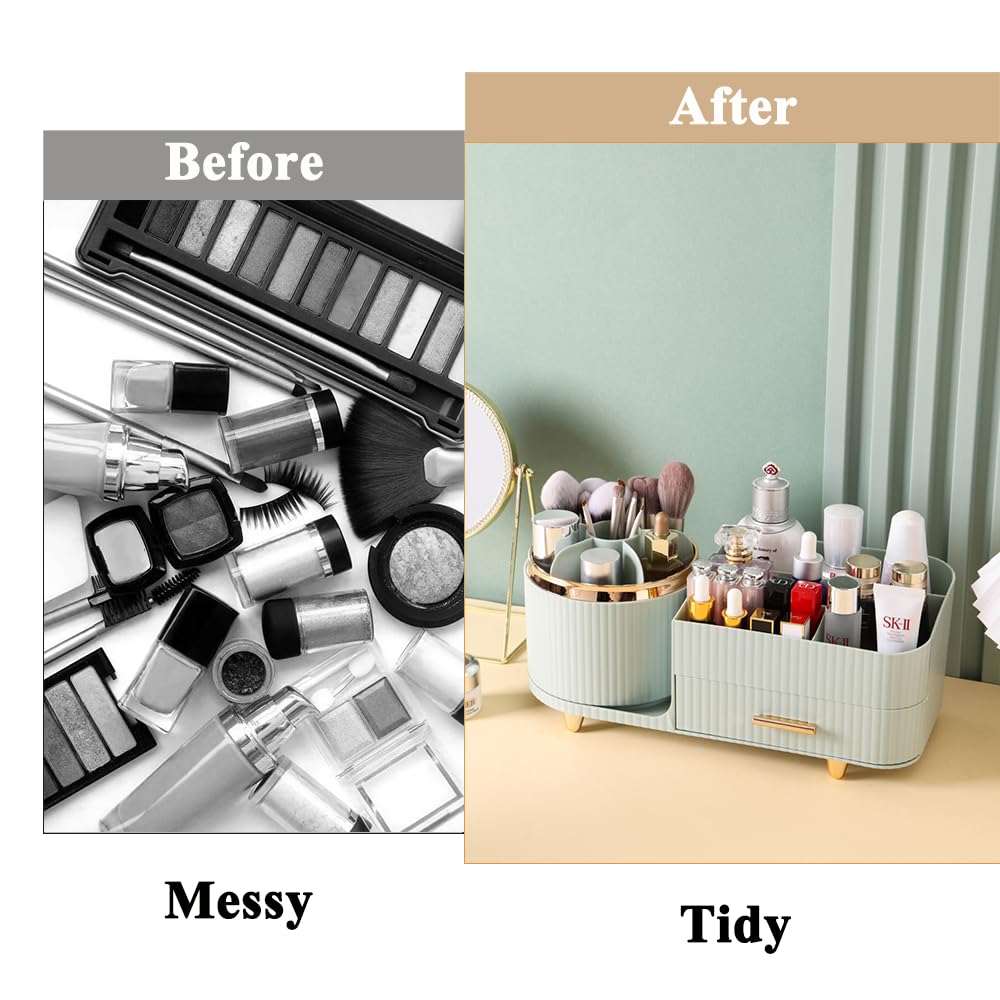 Zufudo Makeup Organizer Countertop with Drawers 360 Rotating Makeup Brush Holder Large Capacity Skincare Organizer for Vanity De