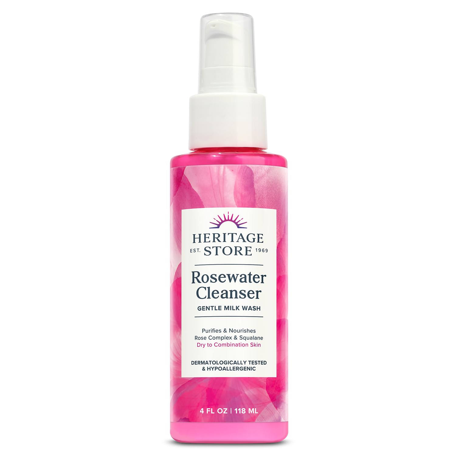 Heritage Store Rosewater Facial Cleanser, Ph Balanced Milk Wash Purifies And Nourishes W/ Squalane And Rose Complex, Dry To Comb