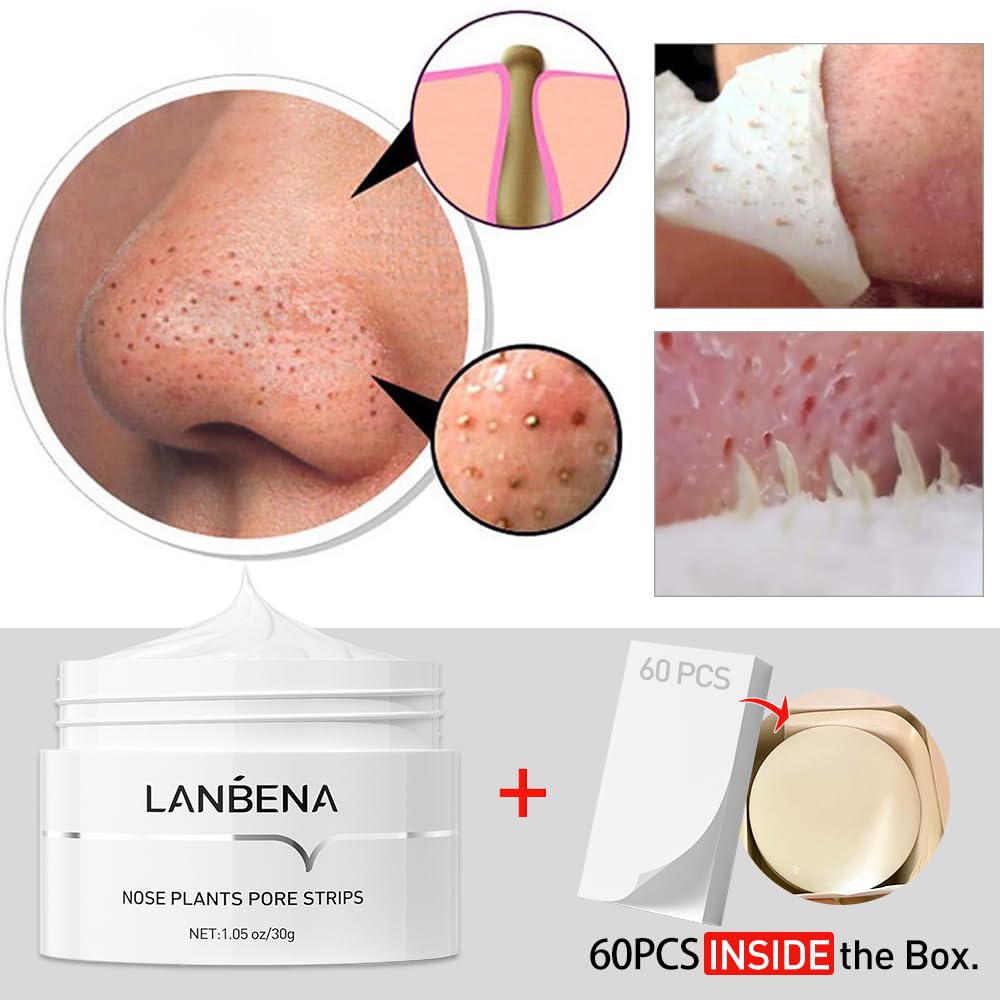 Lanbena Blackhead Remover, Nose Pore Strips For Blackheads, Black Head Remover Mask For Face, Puntos Negros, 30G+60Pcs Paper