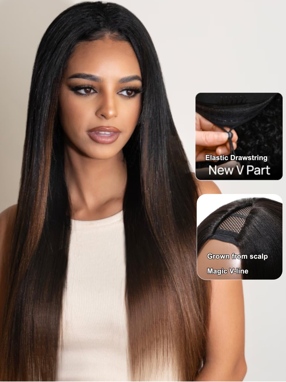 Unice Easicontour V Part Wigs Human Hair Yaki Straight Glueless Wigs Human Hair Clip In Vpart Wig No Sew In No Glue Ombre Chestn