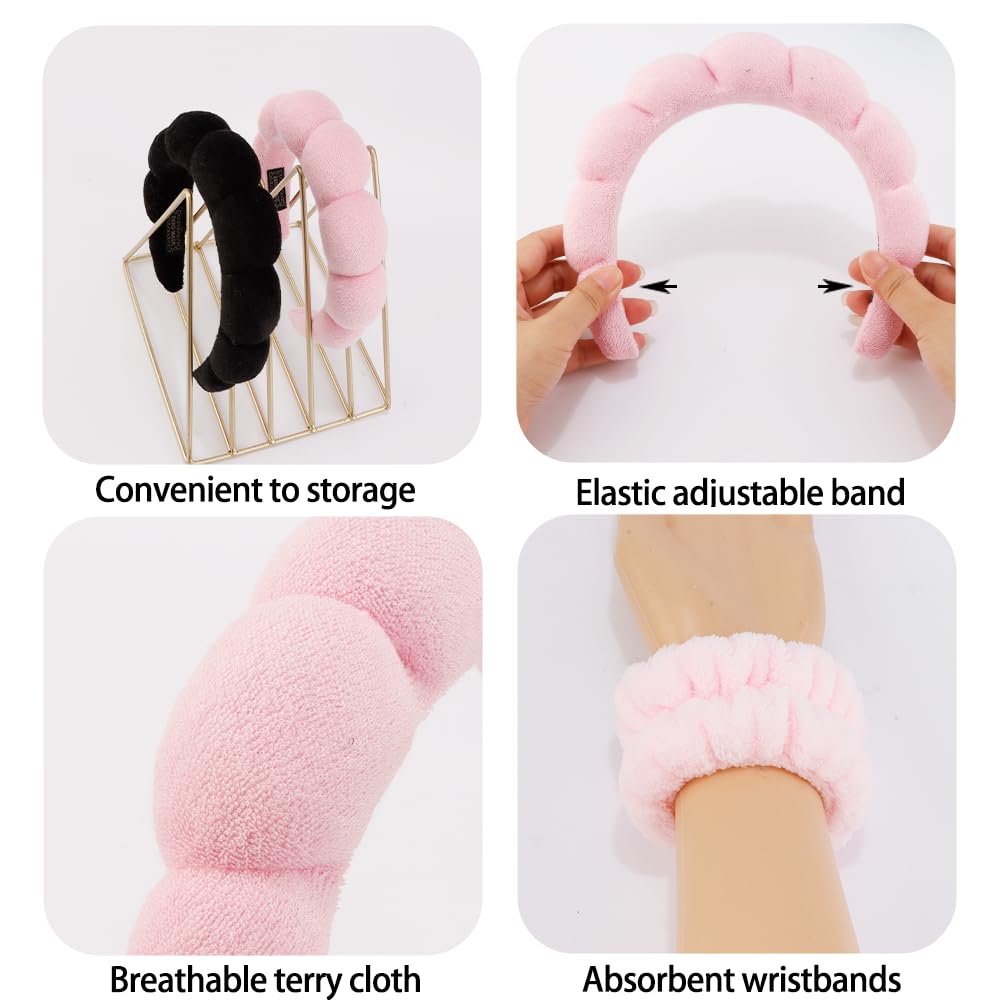 Ahoney 2 Set Spa Headbands For Washing Face And Wristband Set, Skin Care Headband Sponge Facial Skincare Headbands Terry Cloth P