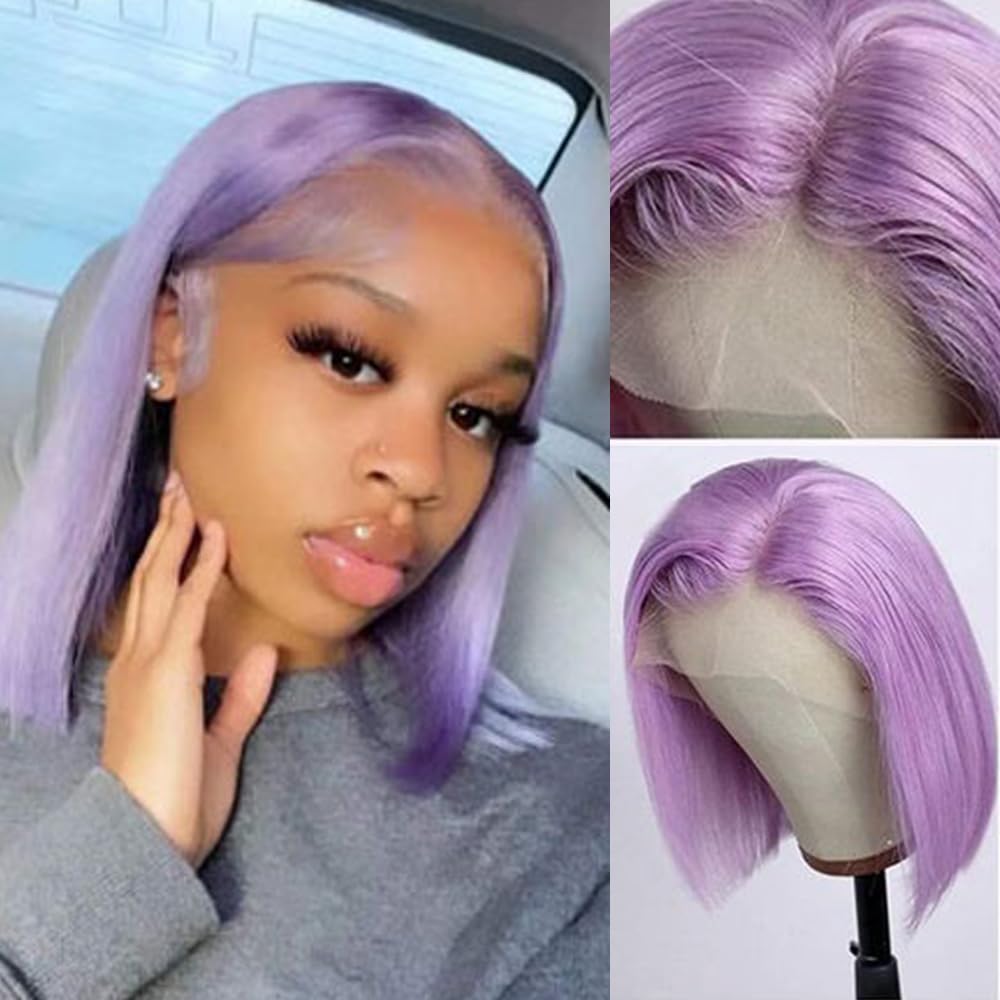 16 Inch Lilac Bob Wigs Silky Straight Glueless 13x4 Swiss Lace Front Bob Wigs Virgin Human Hair Invisible Lace Bleached Knots wi