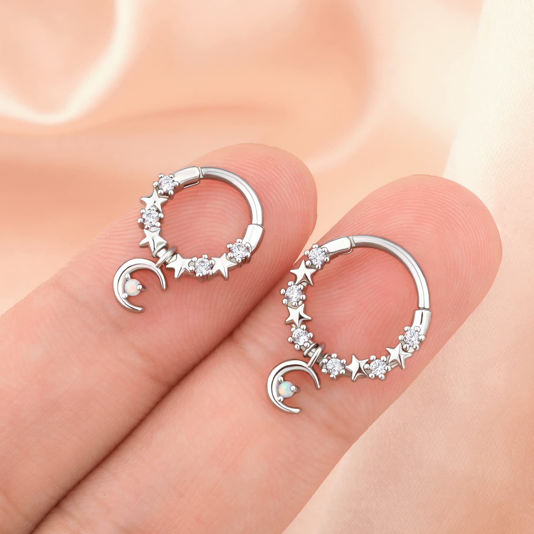 Melighting Septum Rings 16G Moon Septum Jewelry with Opal Clear CZ Surgical Steel 316L Star Helix Earring Dangle Daith Earrings