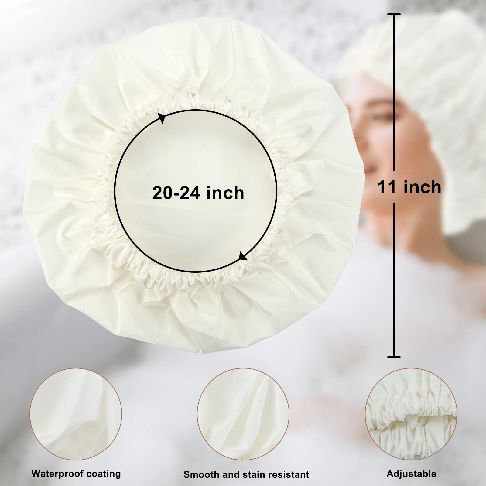 Reusable Shower Cap For Women, Large Waterproof Shower Bonnet Washable Elastic Band Bath Hair Hat For Long Hair, Braids(Black&Wh