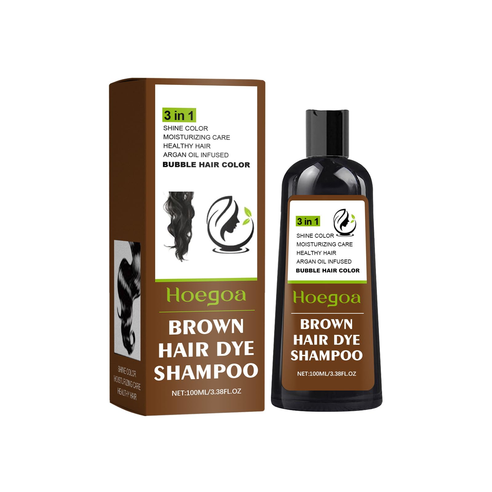 Hoegoa Brown Hair Dye Shampoo, 3 in 1 Bubble Hair Color with Argan Oil, Moisturizing Care, 3.38 fl oz