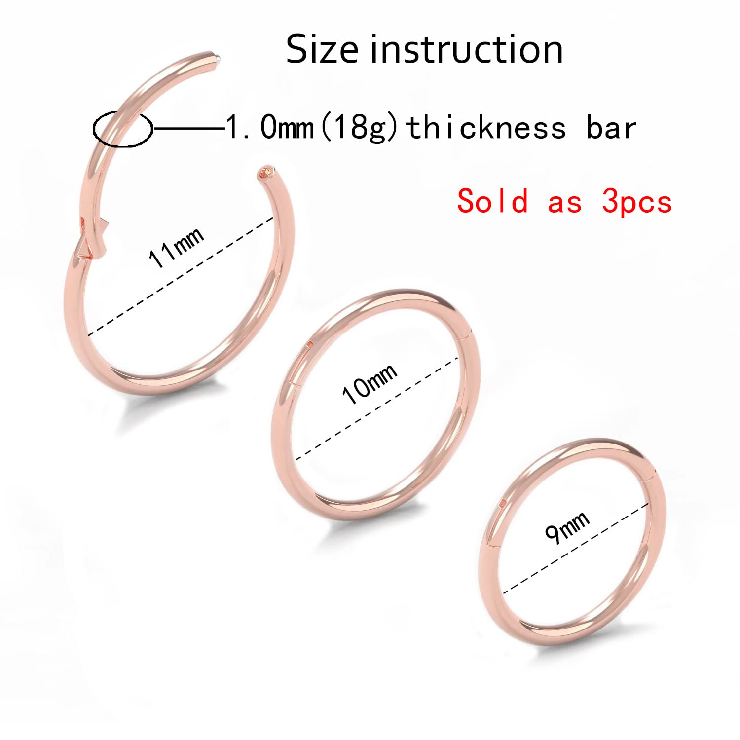 NewkeepsR 3PCS-1.0mm Rose Gold Anodised Hinged Clicker Nose Hoop Rings, 18G 316L Steel Seamless Segment Sleeper Earrings Piercin