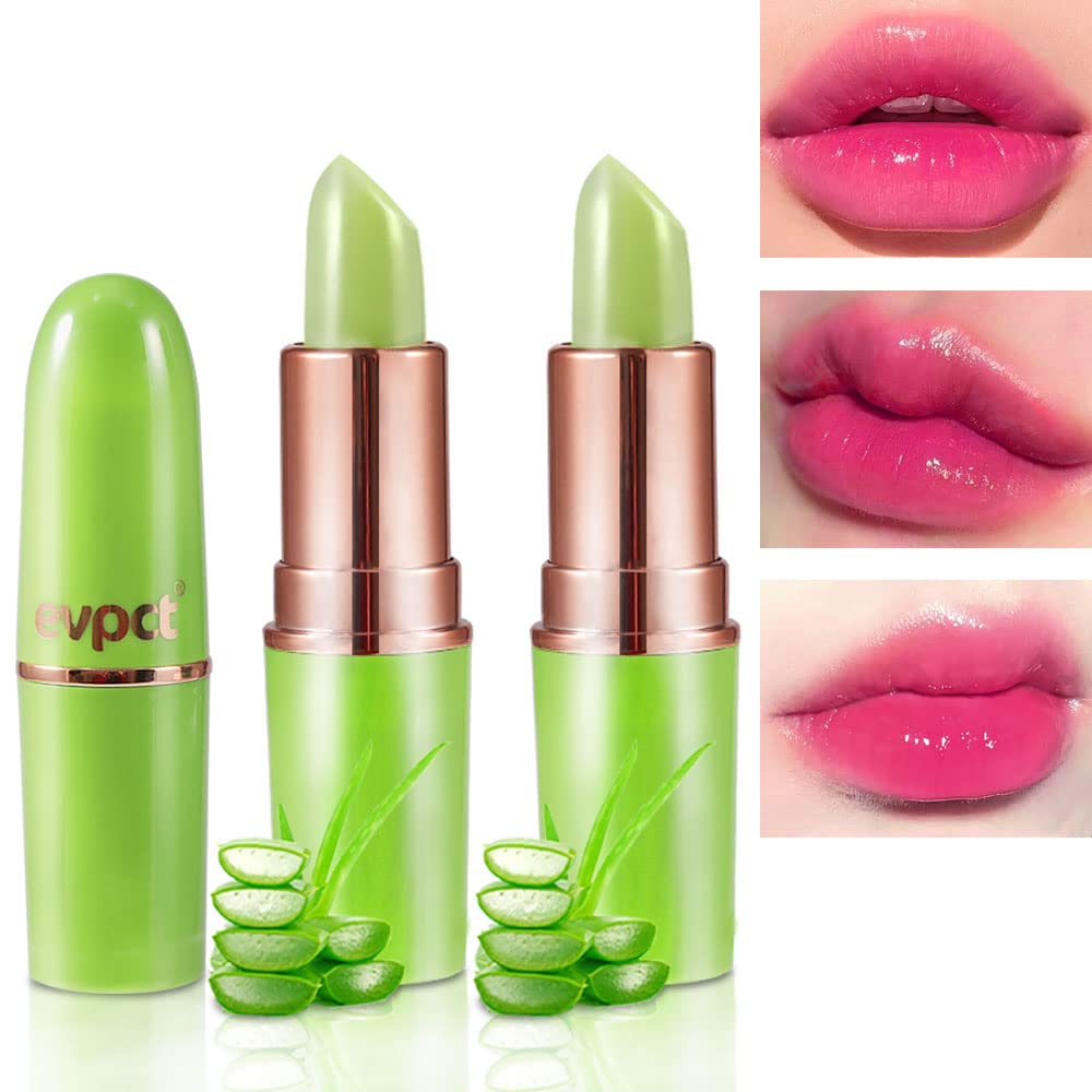 Evpct 2Pcs Aloe Vera Lip Color Changing Lipstick Tinted Lip Balm Set Green Magic Ph Lipstick Color Change Changing Crystal Flowe