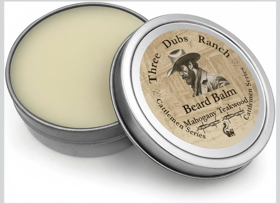 Three Dubs Ranch Beard Balm Mahogany Teakwood 100% Natural withGlycerin, Aloe, Macha Tea, Almond oil, Argan oil, Vitamin E, Tall