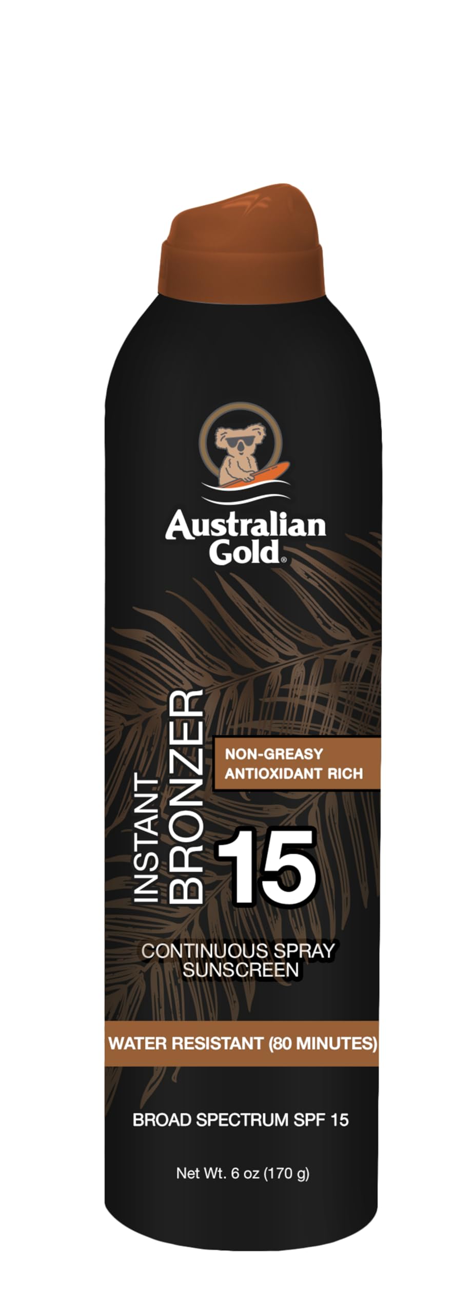 Australian Gold Continuous Spray Sunscreen With Instant Bronzer Spf 15, Immediate Glow & Dries Fast, Broad Spectrum, Water Resis