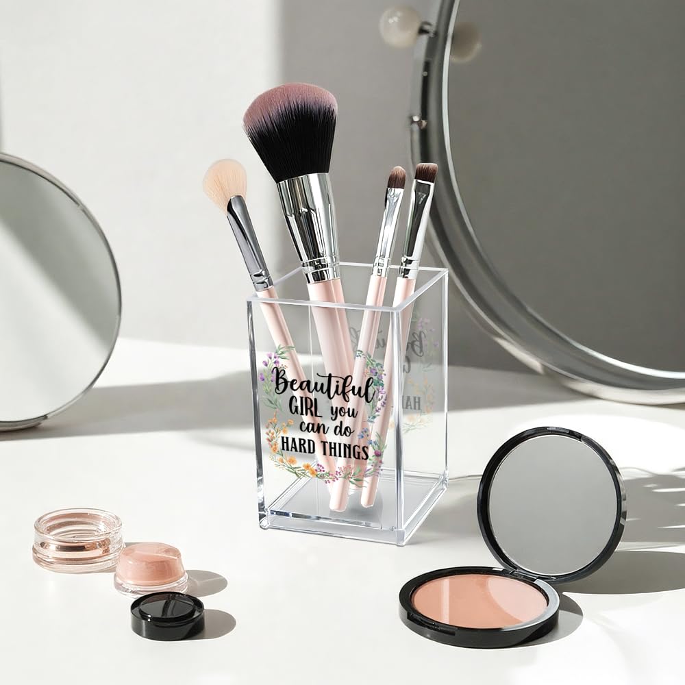 Vgrti Beautiful Girl You Can Do Hard Things Acrylic Makeup Brush Organizer Holder, Encouraging Gift for Womenr Friend, Daughter