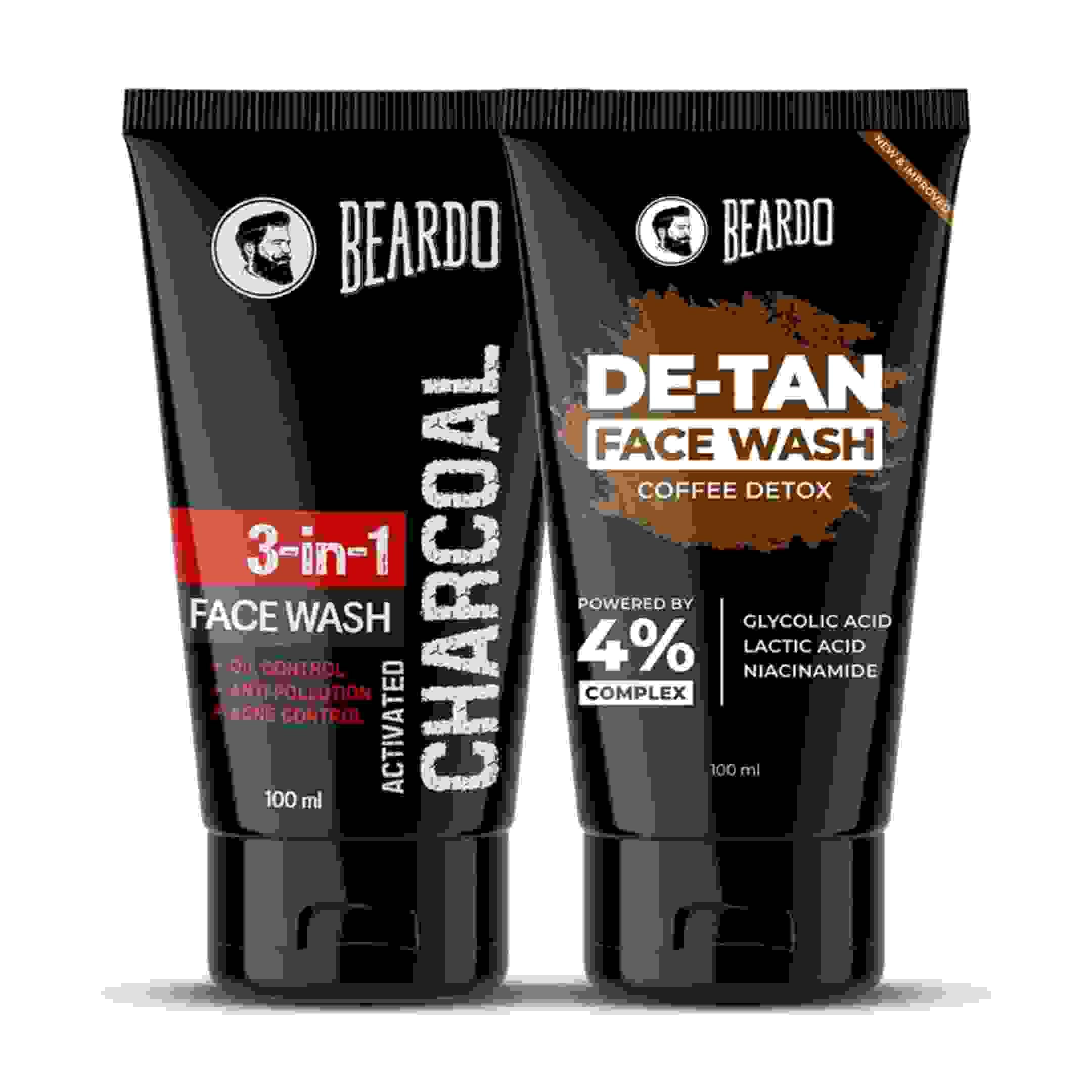 Beardo Detan& Charcoal Face Wash For Men (100Ml X 2) | Facewash Combo That Removes Dirt & Reduces Tan | Goodness Of Activated Ch