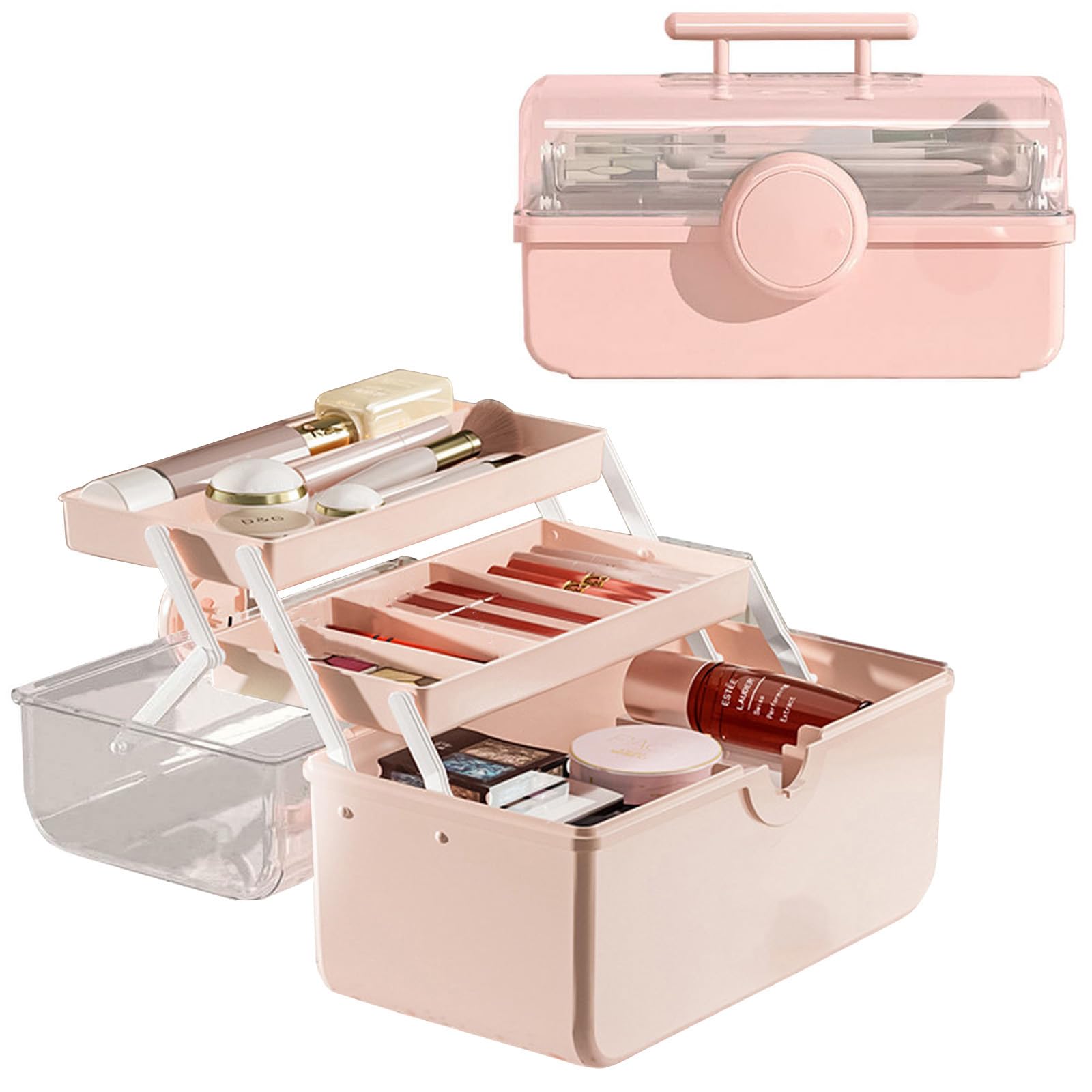 WMM Makeup Storage Organizer, Large Capacity Makeup Organizer with Transparent Visual Cover, Handle 3 Layers Portable Cosmetic S