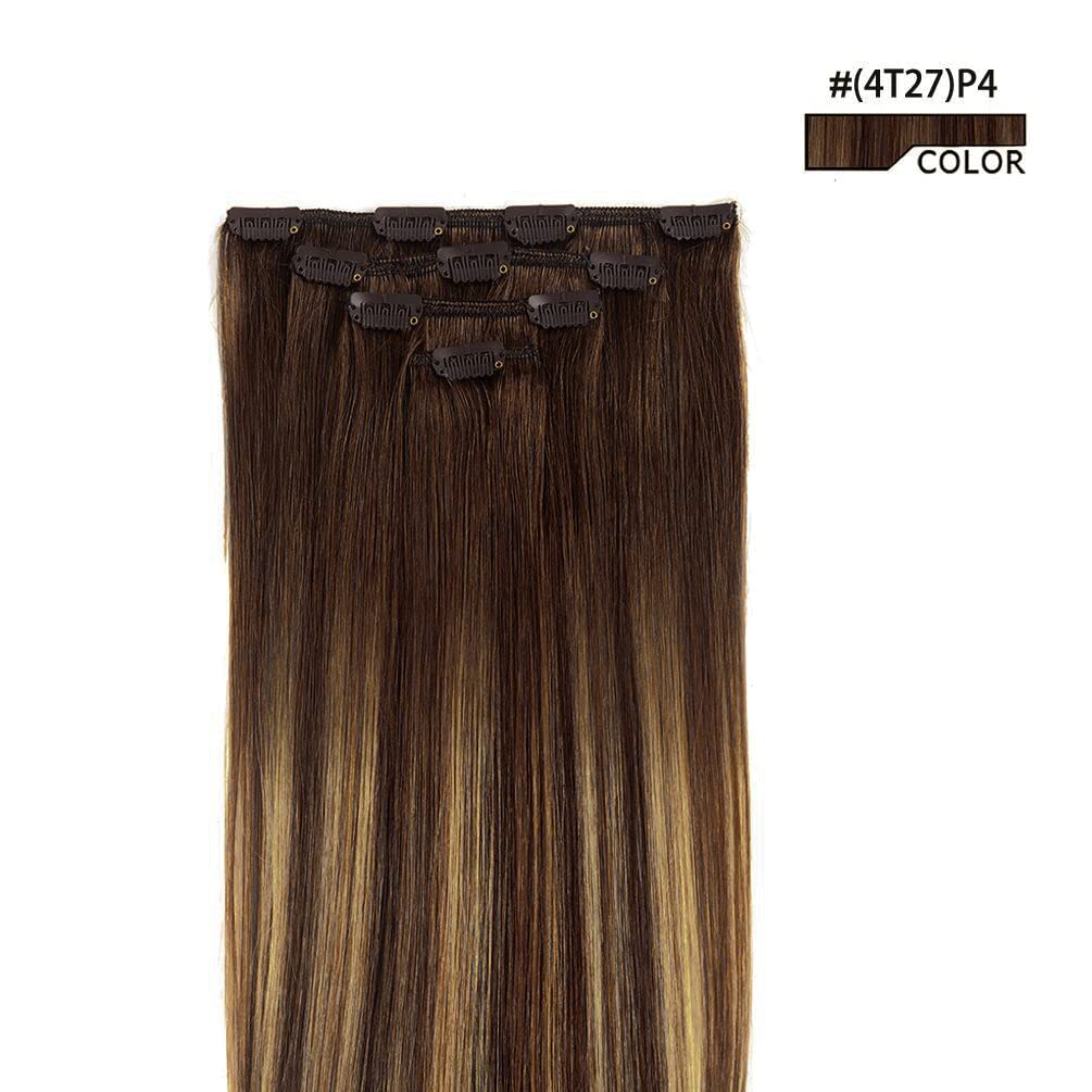 14'' Clip In Hair Extensions Balayage Human Hair For Women - 4Pieces Silky Straight Chocolate Brown To Honey Blonde Highlight Br