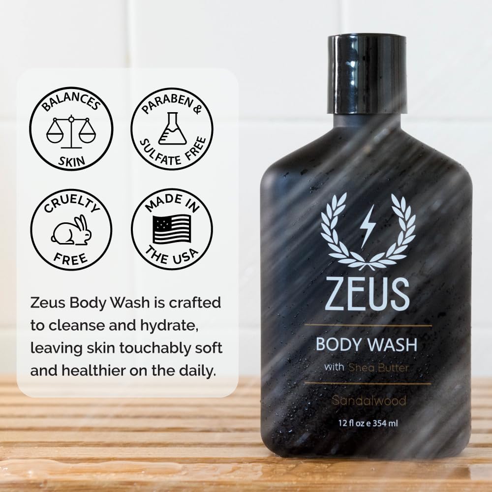 Zeus Body Wash With Shea Butter & Aloe Vera For Men, All Natural With Essential Oils, Invigorating Skin Reviving Body Cleansing