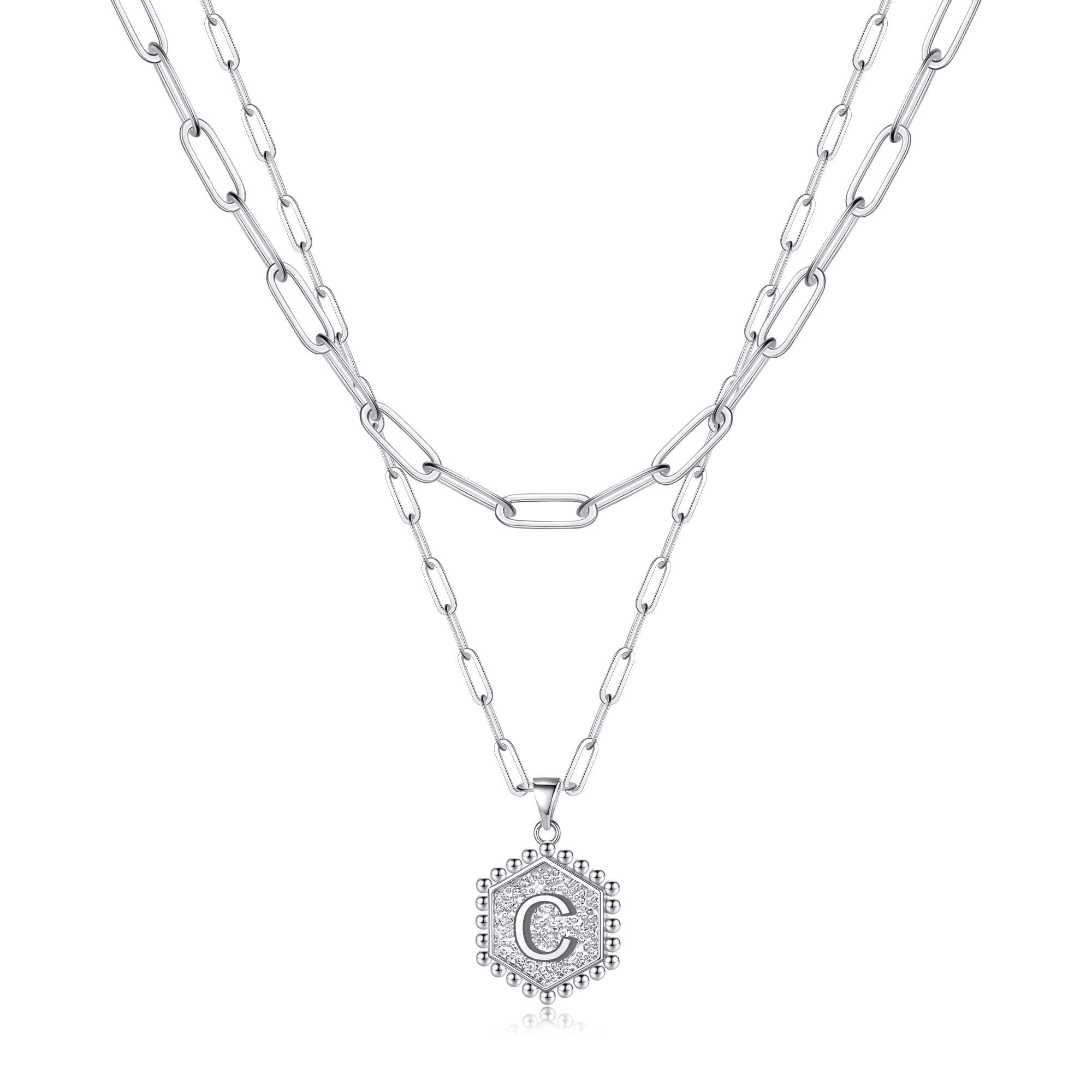 M MOOHAM Silver Necklaces for Women - Necklaces for Women Cute Hexagon Letter Initial C Necklace Choker Necklaces Silver Layered
