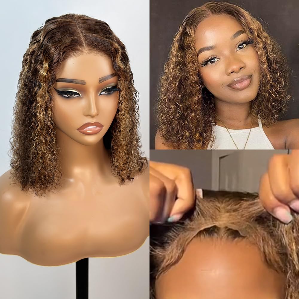 Smilegirl Highlight Glueless Bob Wig Human Hair Pre Plucked Pre Cut, P4/27 Ombre Honey Blonde Curly Human Hair Wig Glueless Wear