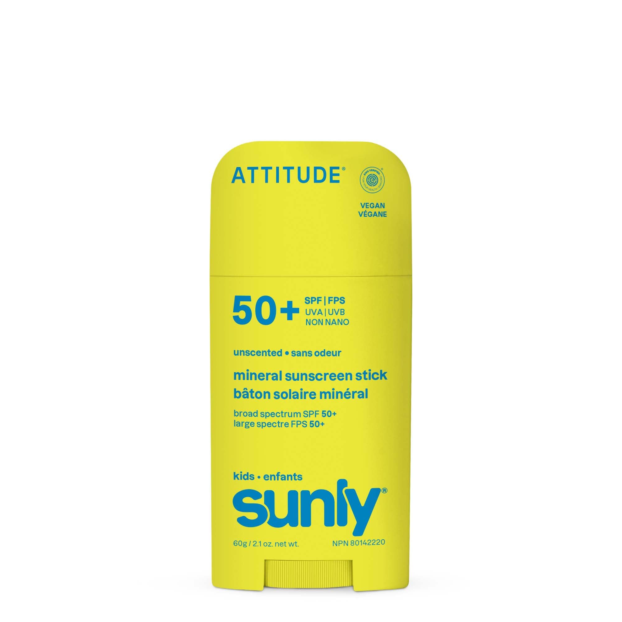 ATTITUDE Kids Mineral Sunscreen Stick SPF 50, Broad Spectrum Zinc Oxide, EWG Verified, Non-Nano, Mess-Free Stick for Face & Body