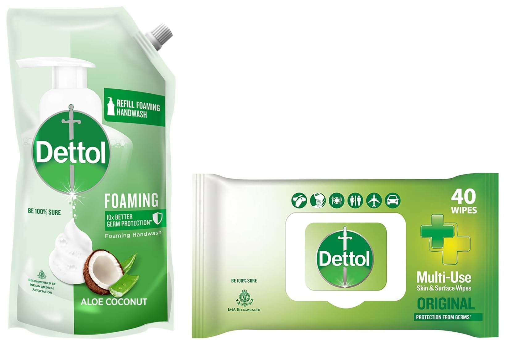 Dettol Foaming Handwash Refill  Aloe Coconut, 700Ml | Rich Foam & Surface Wipes, Original  40 Count| Safe On Skin| Ideal To Cl