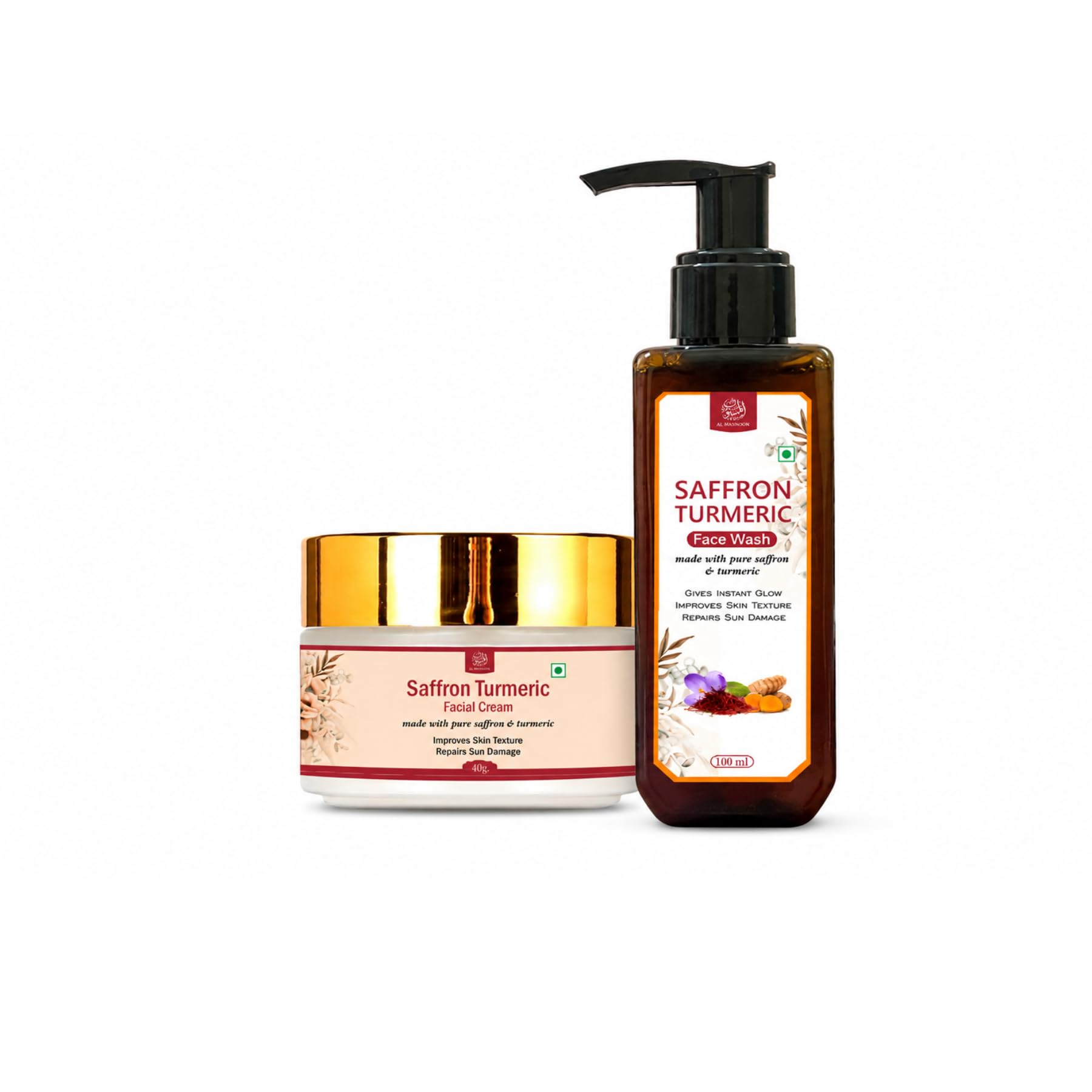 Al Masnoon Saffron Turmeric Face Wash 100Ml & Facial Cream 40G For Skin Glowing / Combo Pack / 100% Natural & Sls Paraben Free