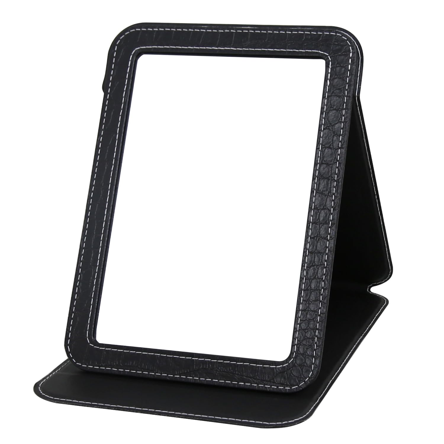 Ximruyuv Black Foldable Desk Mirror, 5.3  6.9    Adjustable Angle Rounded Rectangle PU Edge Covering Travel Mirror with Stand (M