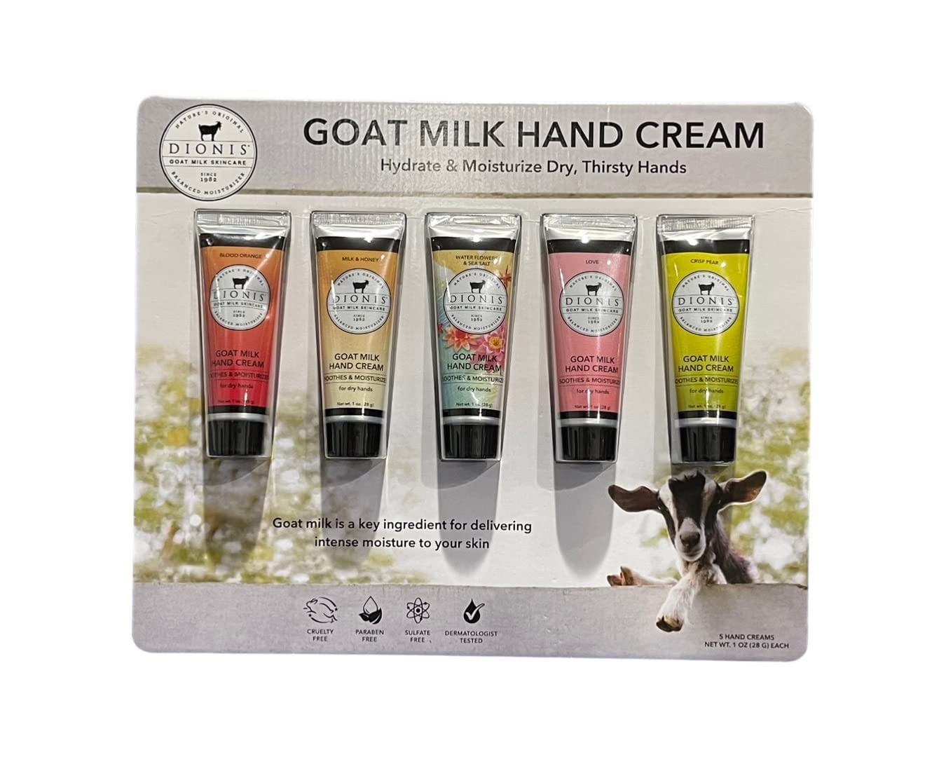 Dionis goat Milk Skincare - 5 Pack of 1 oz Hand creams (creamy coconut  Oats, Peppermint Twist, Sea Treasures, Sugarberry, Vanil