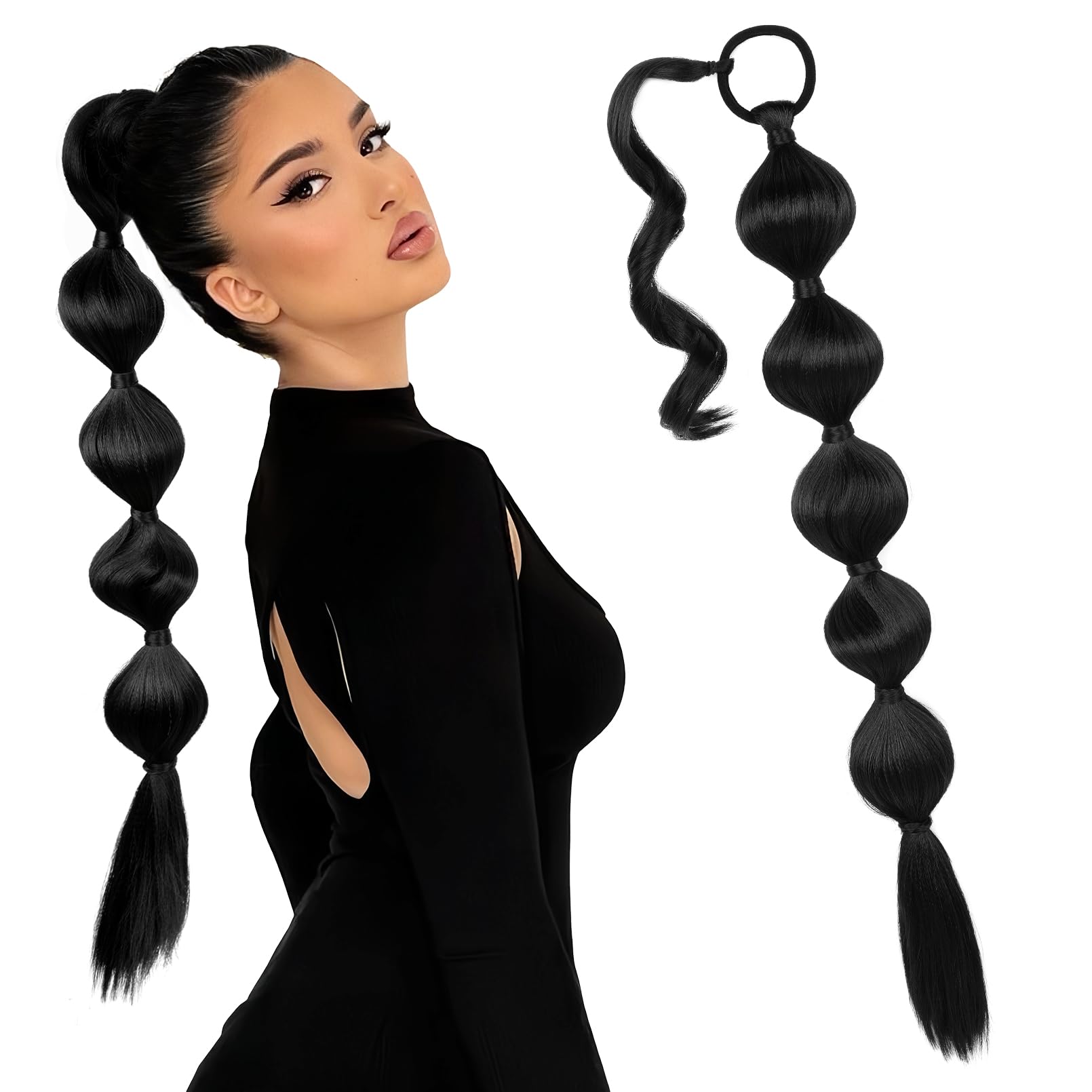 LONAI Bubble Ponytail Extension for Women,28 Inch Long Braided Wrap Around Synthetic Hair with Leather Cord, Straight Afro Puff,