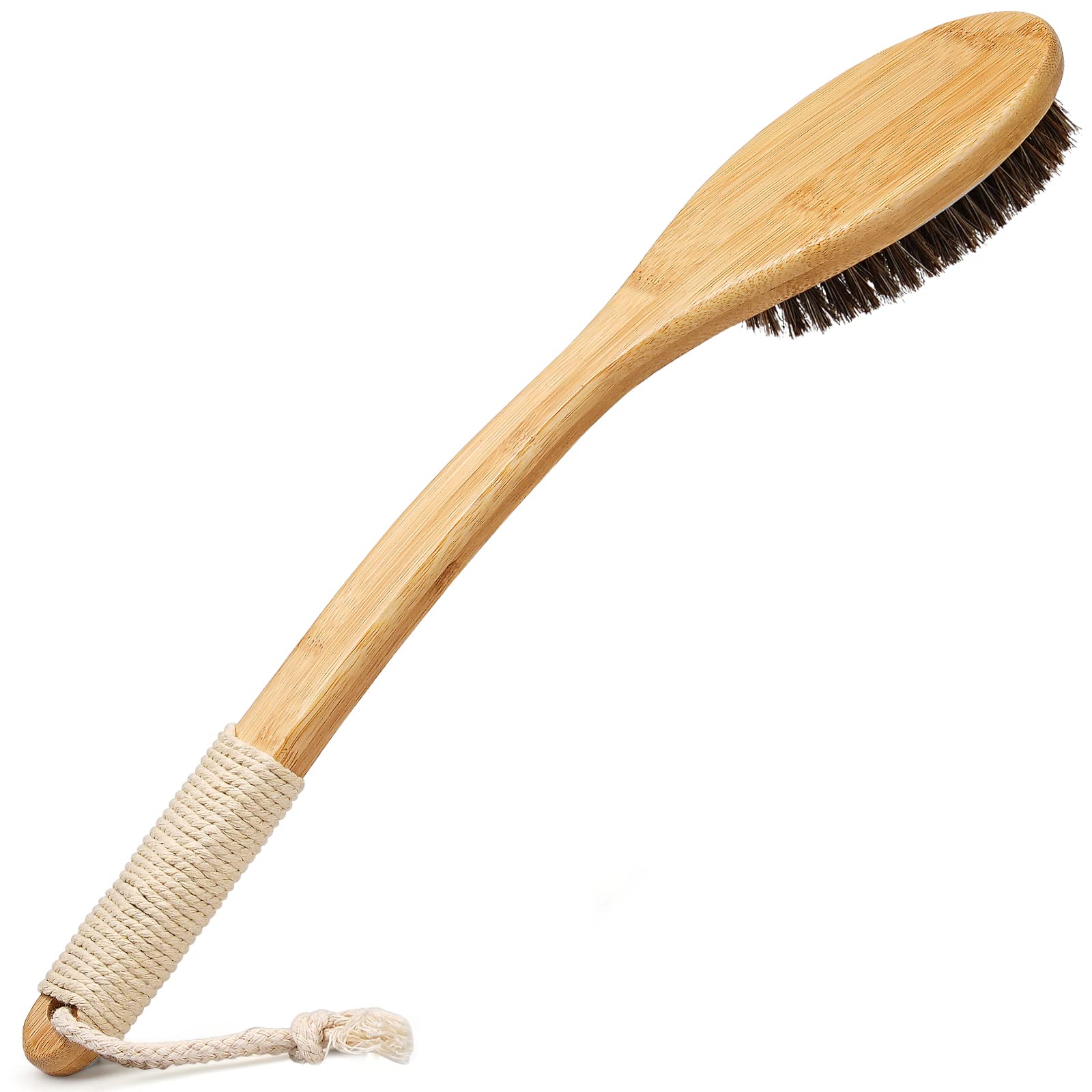 Eaxun Exfoliating Back Scrubber For Shower With Curved Long Handle, 16.7 Inches Bamboo Body Brush With Natural Bristles For Wet