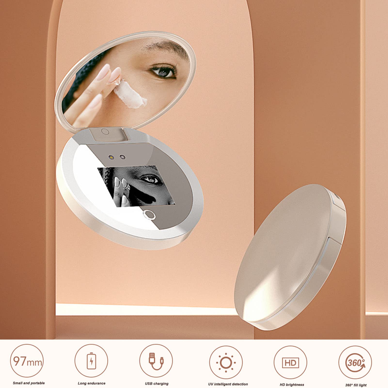 Diyeeni Compact Mirror With Uv Camera For Sunscreen Test, Travel Lighted Makeup Mirror, 2X Magnification, Portable 2 Sided Pocke