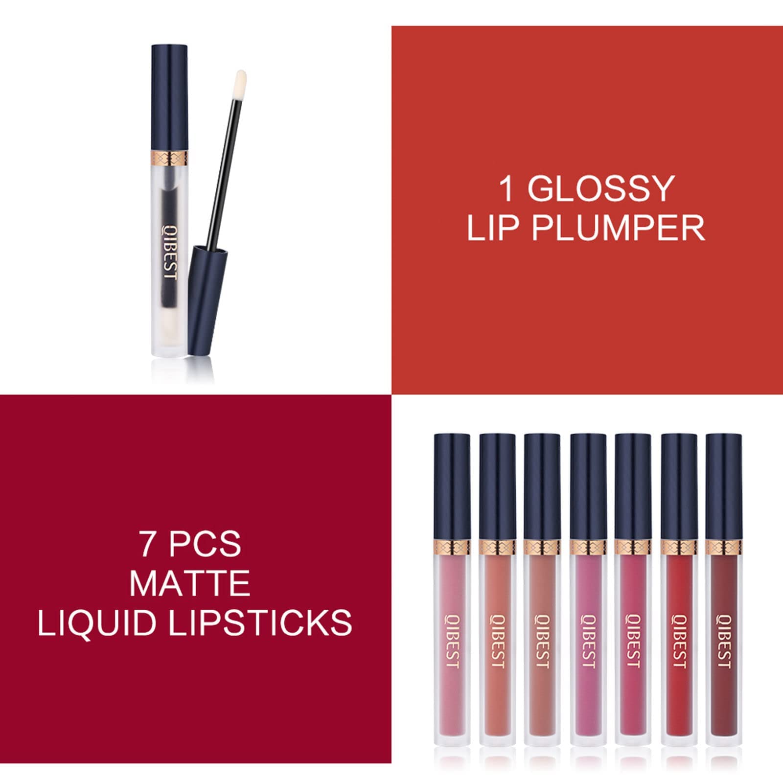 Qibest 7Pcs Matte Liquid Lipstick + 1Pcs Lip Plumper Makeup Set Kit, Pigmented Long Lasting Lip Gloss Set, Velvet Waterproof Hal