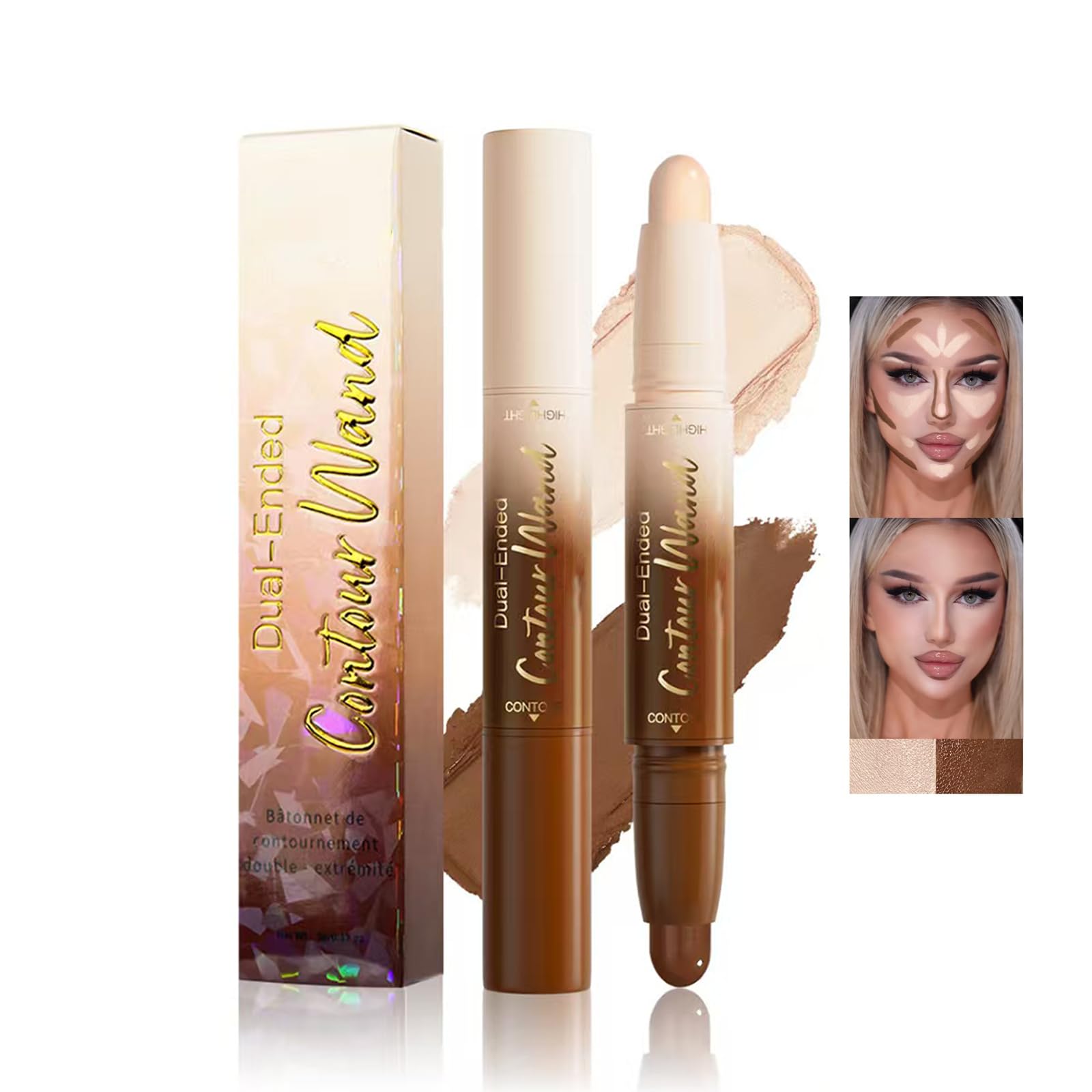 2in1 Double Ended Contour Stick, Waterproof Matte Shading Brightening Concealer Cream, Long Lasting Blendable Full Coverage Fa