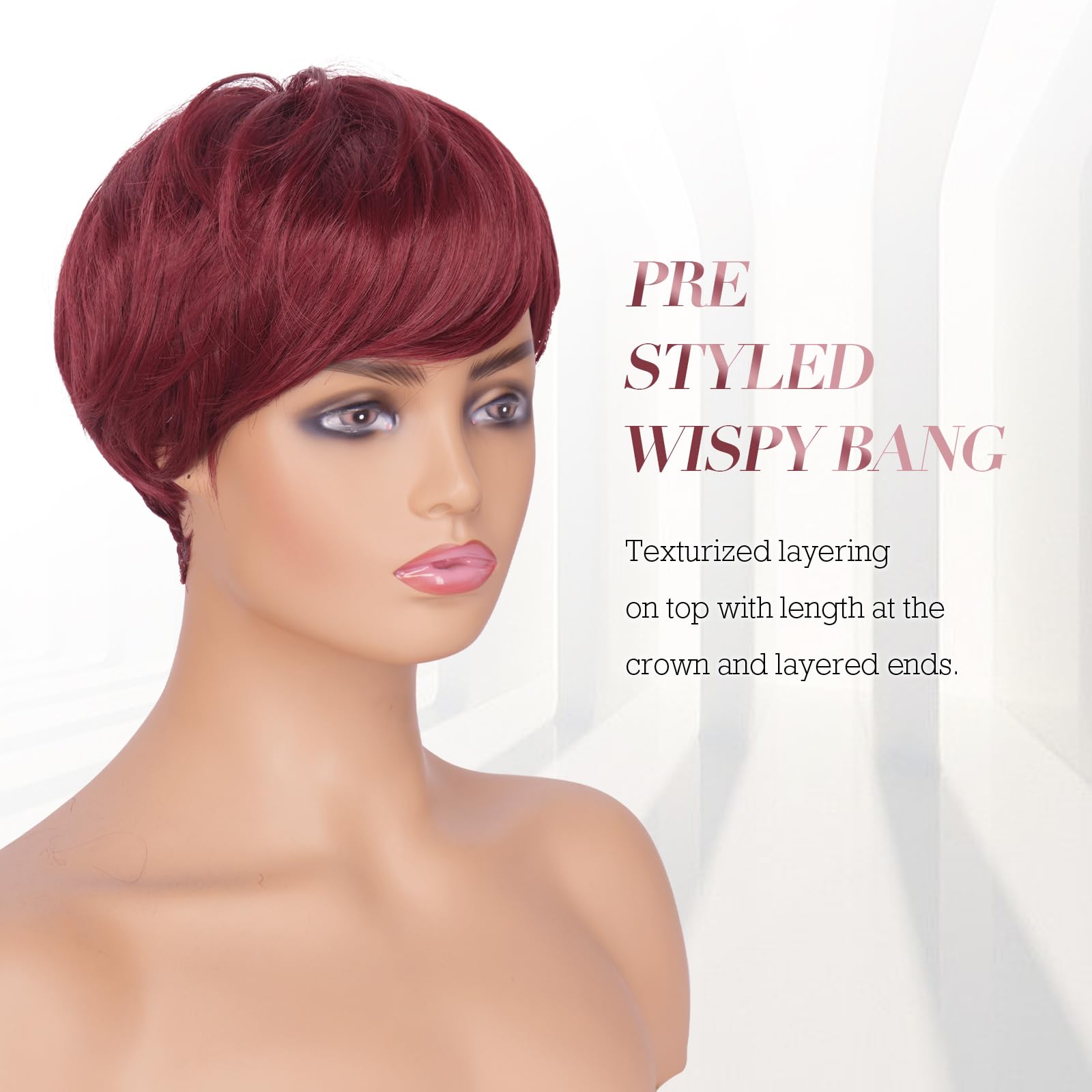 Feshfen Pixie Cut Wigs Synthetic Short Burgundy Pixie Haircut Wig With Bangs Glueless Layered Wig Wavy Wigs For Women