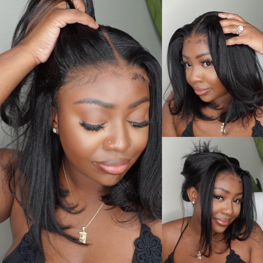 UNICE 10 Inch Yaki Straight Bob Wig - Human Hair, Pre-Plucked, Glueless, Invisible Knots, Black Color