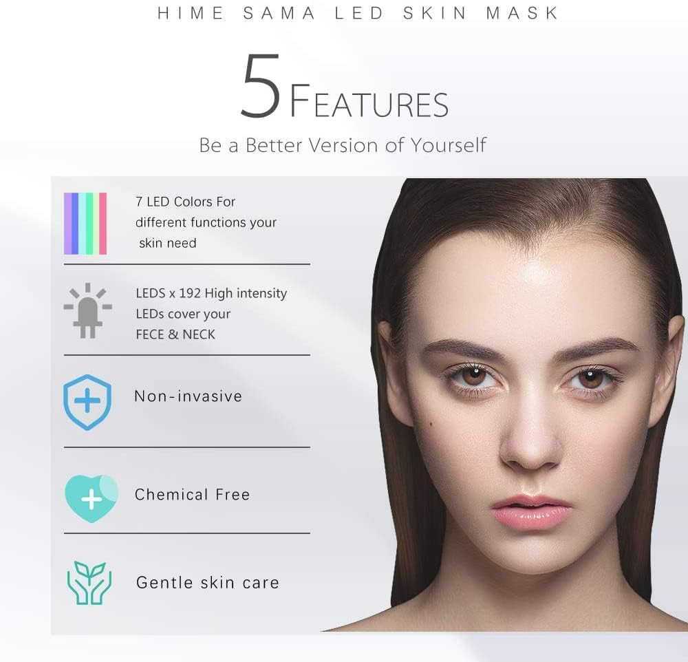 Hime Sama Led Face Mask - 7 Color Led Mask For Face And Neck Skin Care, Fsa/Hsa Eligible, Blue & Red Led Face Mask, Portable Fac