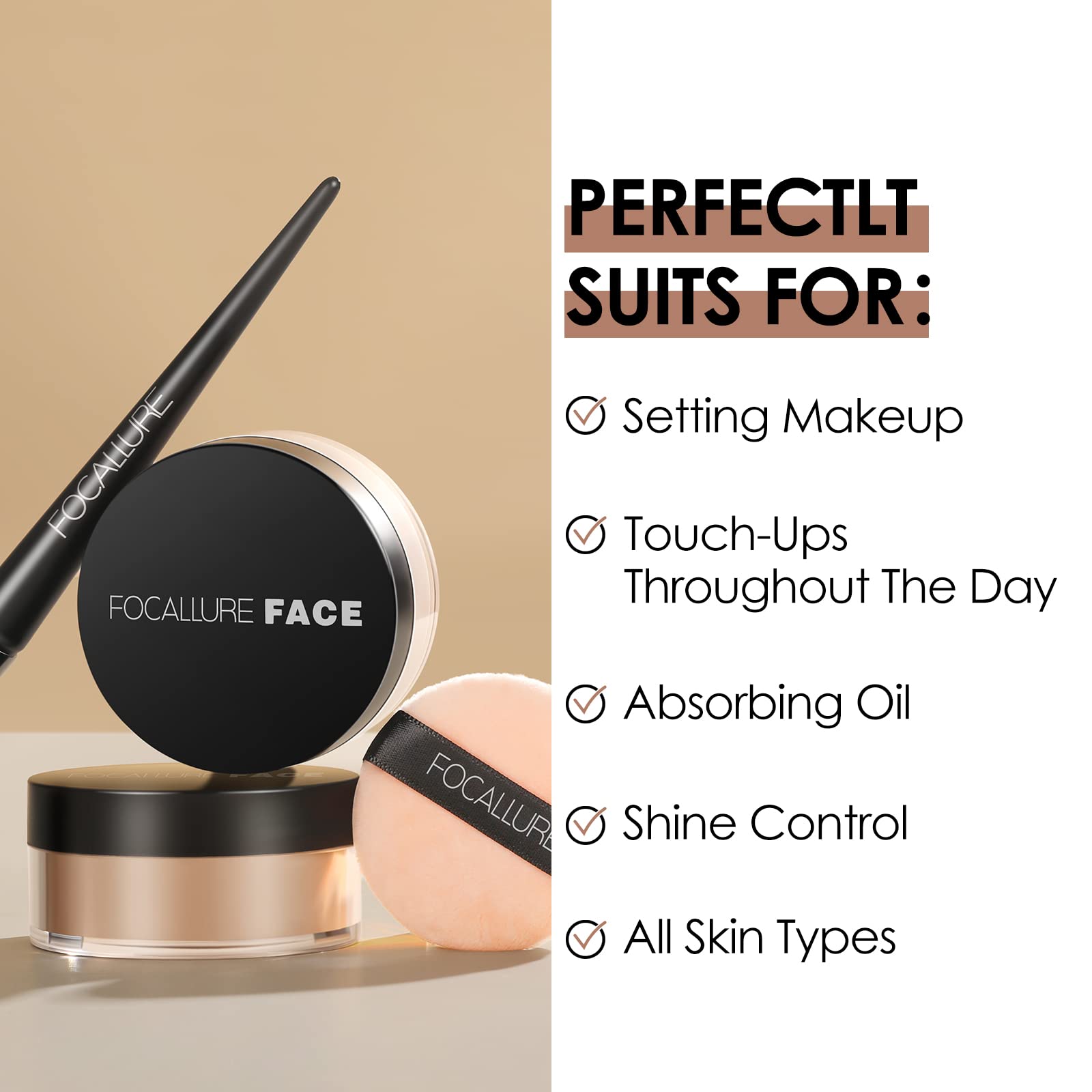 FOCALLURE Oil Control Loose Face Powder, Translucent Loose Setting Powder, Shine-Free Matte Finishing Powder, Long-lasting & Lig