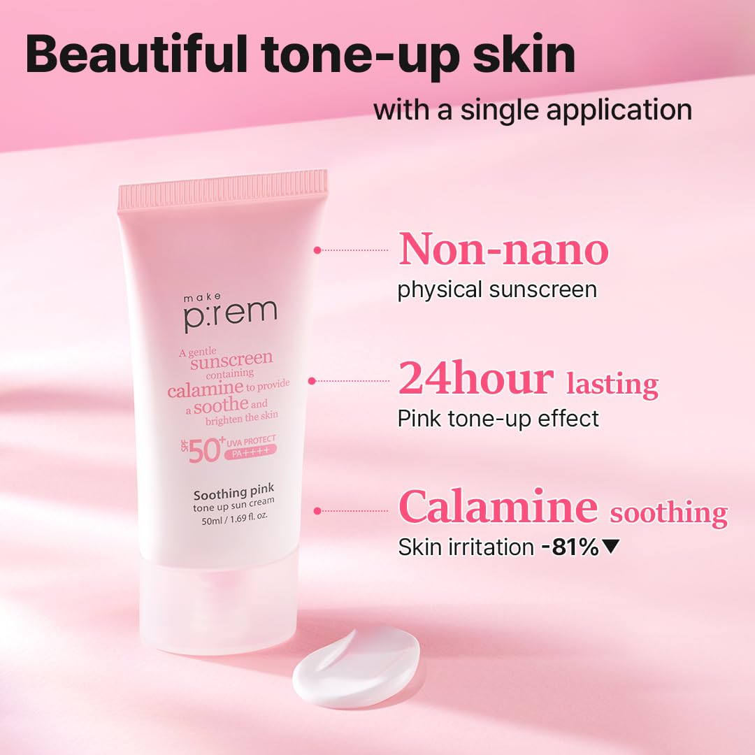 Make P:Rem Soothing Pink Tone Up Sun Cream, Mineral Sunscreen For Dehydrated Skin, Lightweight, Non-Greasy Formula, Skin Tone Co