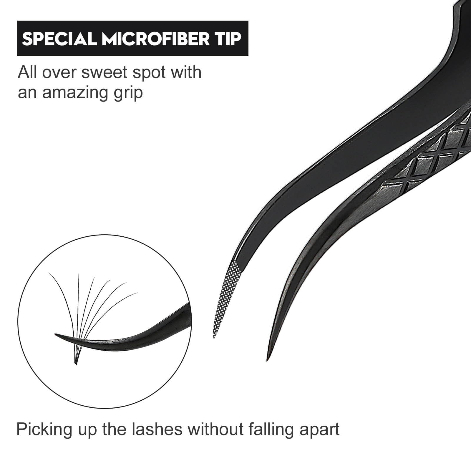 Ms.Queen Eyelash Extension Tweezers,Microfiber Tip Curved Lash Tweezers For Volume, Isolation& Classic Lashes Extensions,Black
