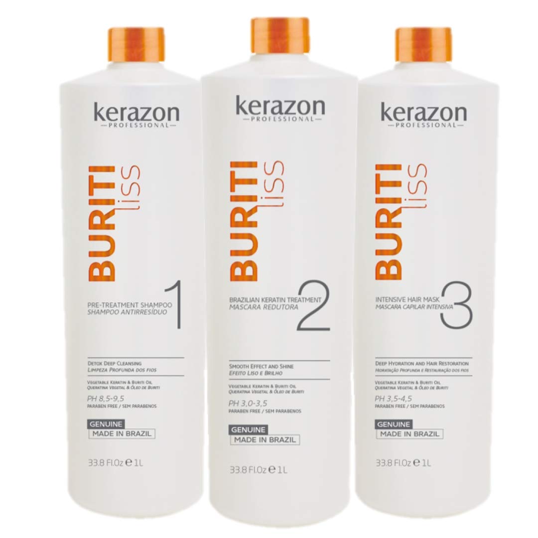 Brazilian Keratin Treatment 34Fl.Oz/1L Tratamiento De Keratina Brasilera Importada Kit W/ Pumps Buriti Liss By Kerazon