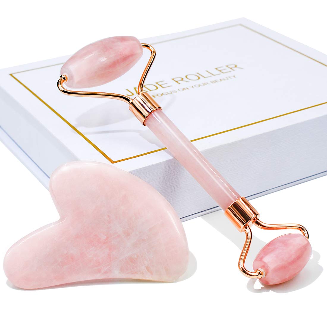 BAIMEI Jade Roller & Gua Sha Set - Pink Face Roller for Redness Reduction, Fine Lines Relief - 2 Piece Skin Care Tools for Men & Women