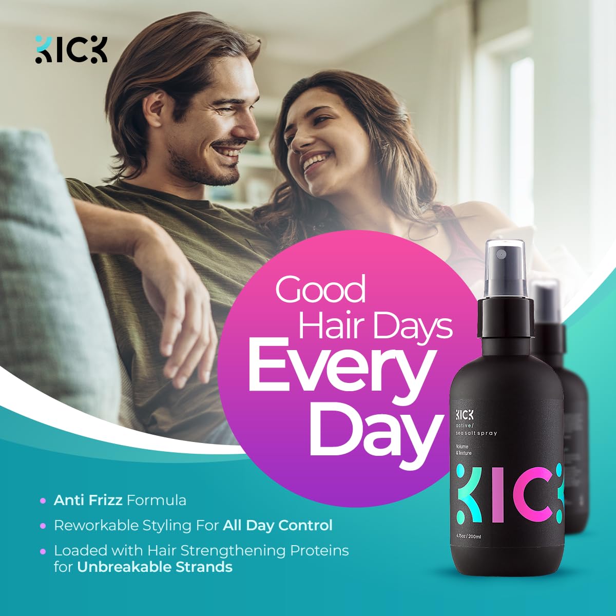 Kick Sea Salt Spray For Hair Men - Beachy Waves And Surfer Hair Style - Salt Water Spray For Hair - Natural Texturizing And Volu