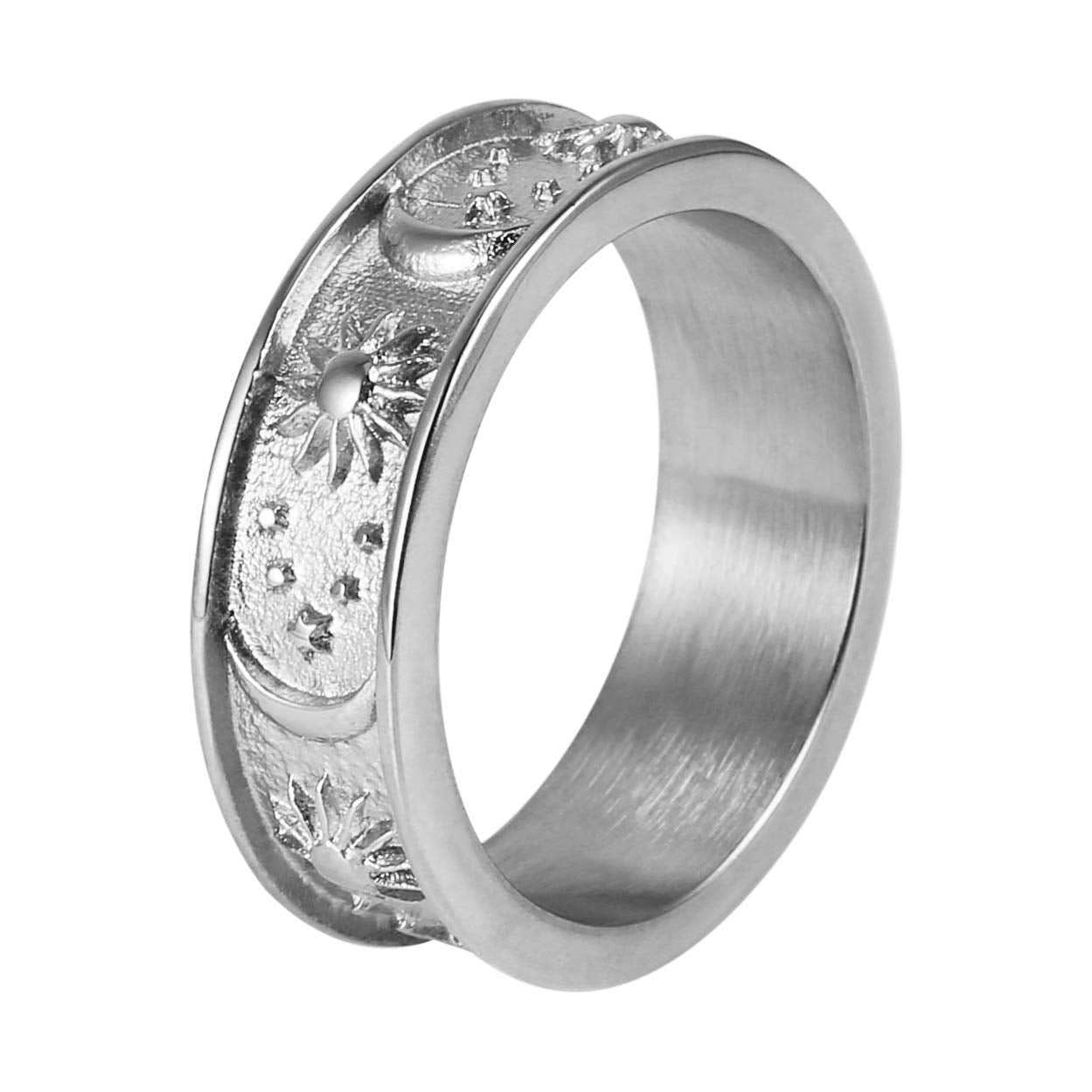HZMAN 8mm Moon Star Sun Statement Ring Stainless Steel Boho Jewelry for Women Men (Steel Color, 11)