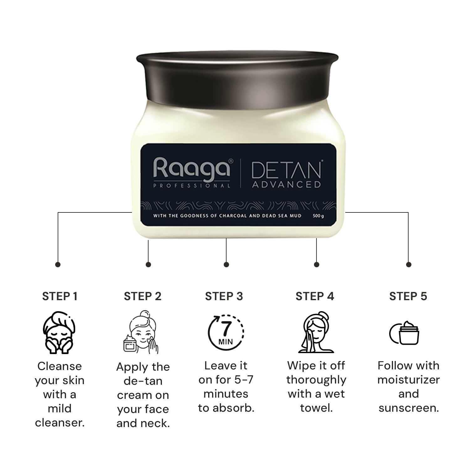 Raaga Professional Detan Advanced Cream 17.64 Ounce (500g) | to Nourish & Hydrate | with Goodness of Charcoal & Dead Sea Mud | D