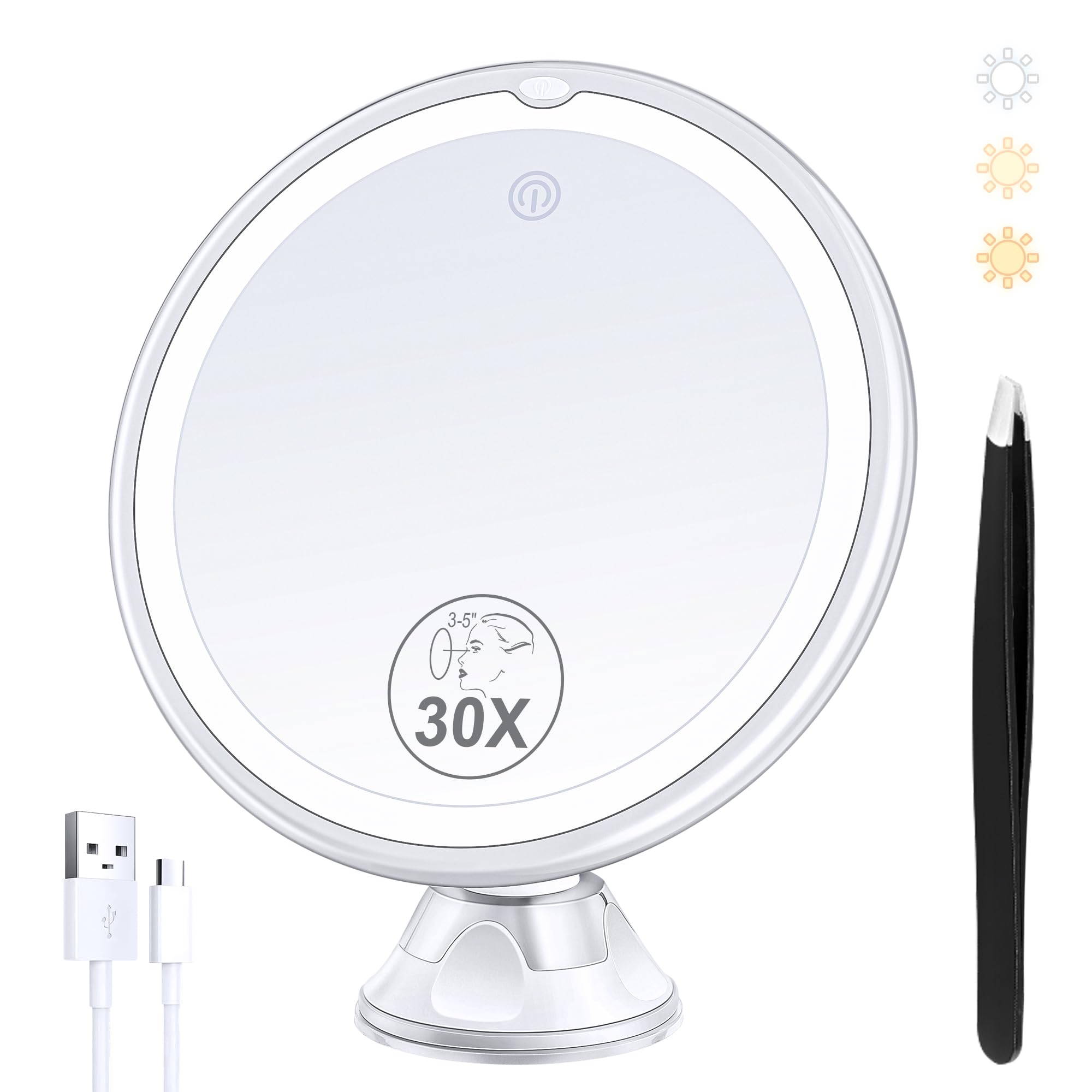 Lighted Makeup Mirror with 30X Magnification, 30X Magnifying Mirror Suction Cup with Light, 3 Color Modes and Adjustable Brightn