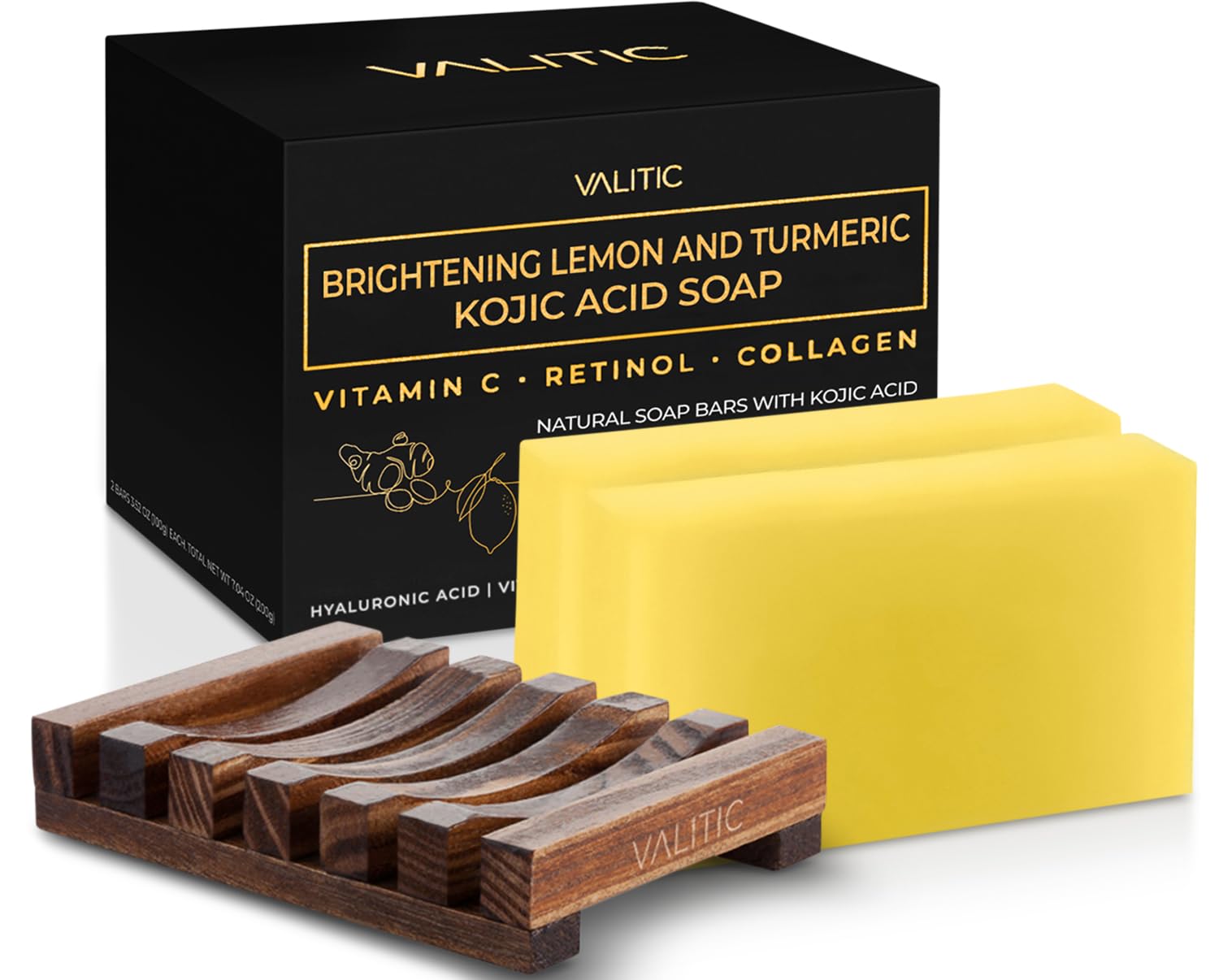 VALITIC Brightening Lemon & Turmeric Kojic Acid Soap with Vitamin C, Retinol, Collagen - Original Japanese Complex - with Hyalur
