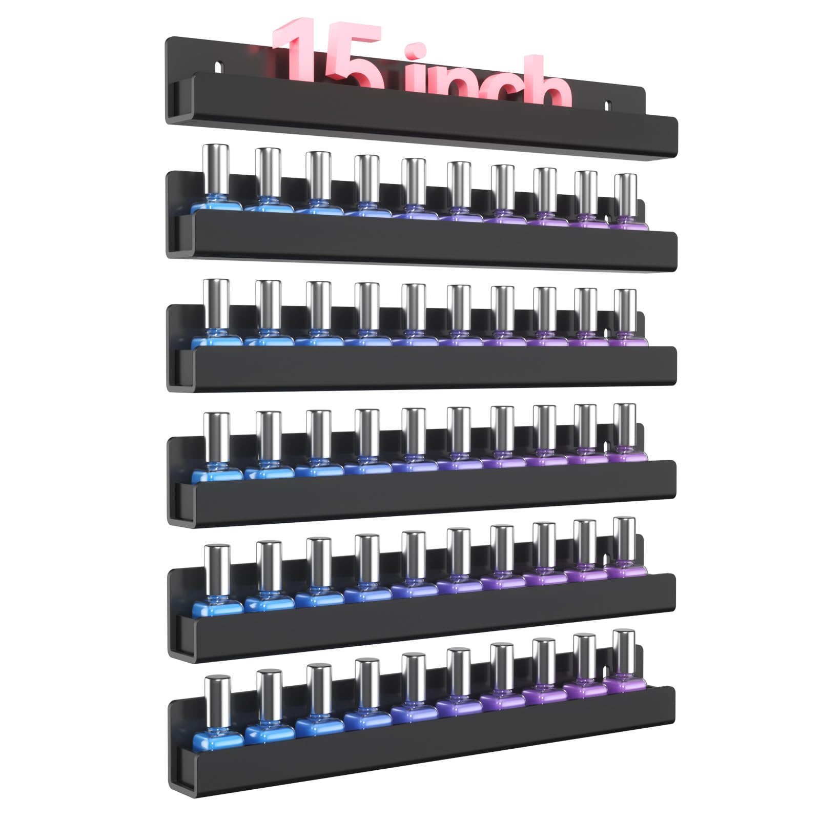 NIUBEE 6 Pack Nail Polish Rack Wall Mounted Shelf with Removable Anti-slip End Inserts, Acrylic Nail Polish Organizer Display 90