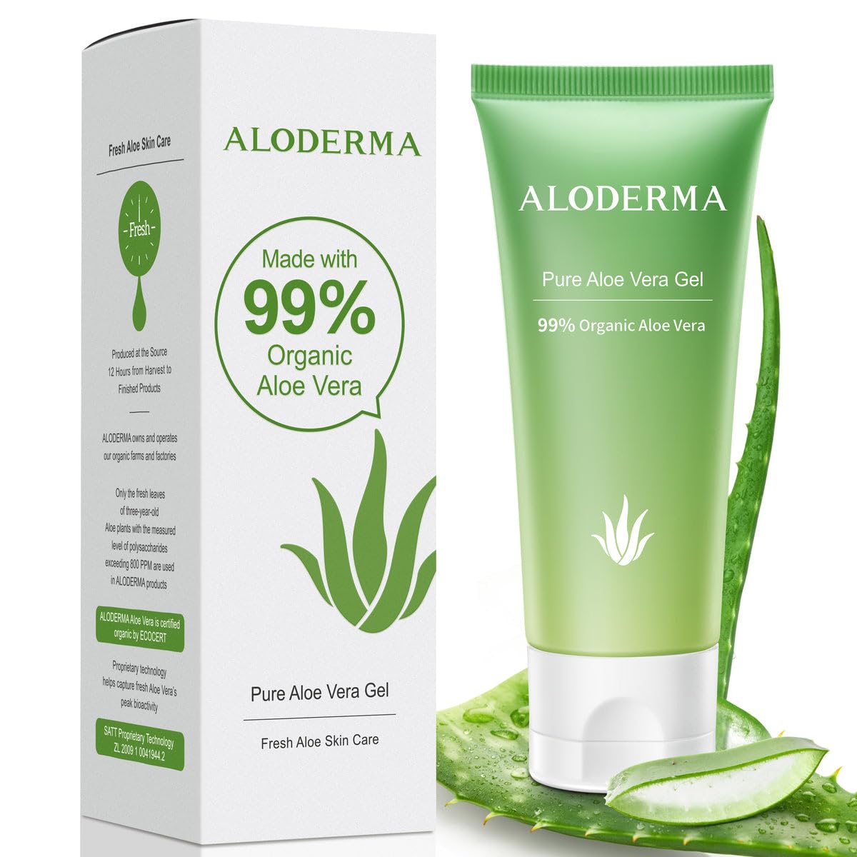 Aloderma 99% Organic Aloe Vera Gel For Face Made Within 12 Hours Of Harvest - Natural Hydrating Pure Aloe Vera Gel For Soothing