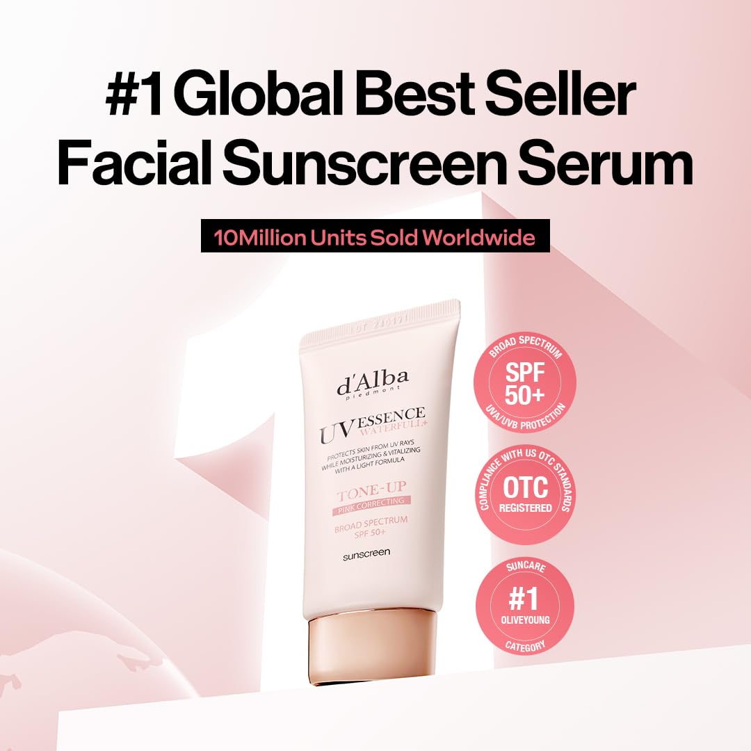 D'Alba Piedmont Waterfull Tone-Up Sunscreen Serum Broad Spectrum Spf 50 + Korean Sunscreen For Face, All Skin Tones, Sweat Proof