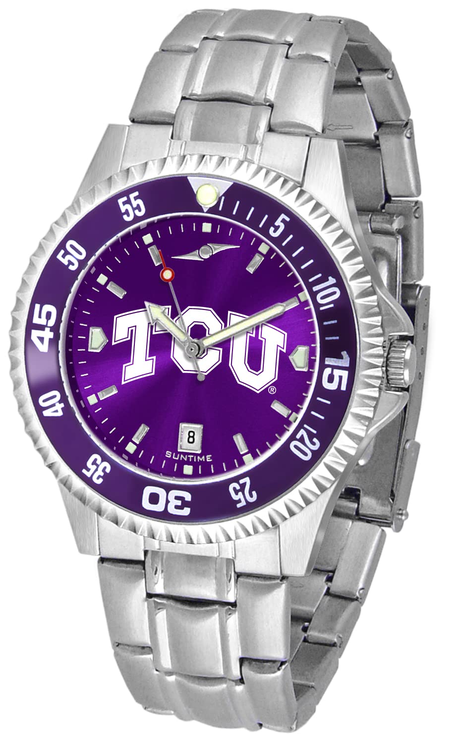 SunTime Men's Collegiate Competitor 40mm Watch - TCU Horned Frogs with 20mm Stainless Steel Band - AC Color Bezel